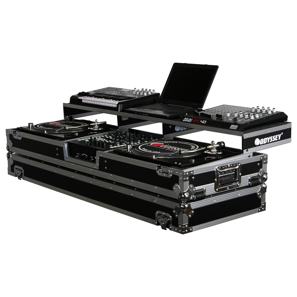 Odyssey FZGSPDJ12W - Universal 12" Format DJ Mixer and Two Standard Position Turntables Flight Coffin Case with Full Glide Platform.