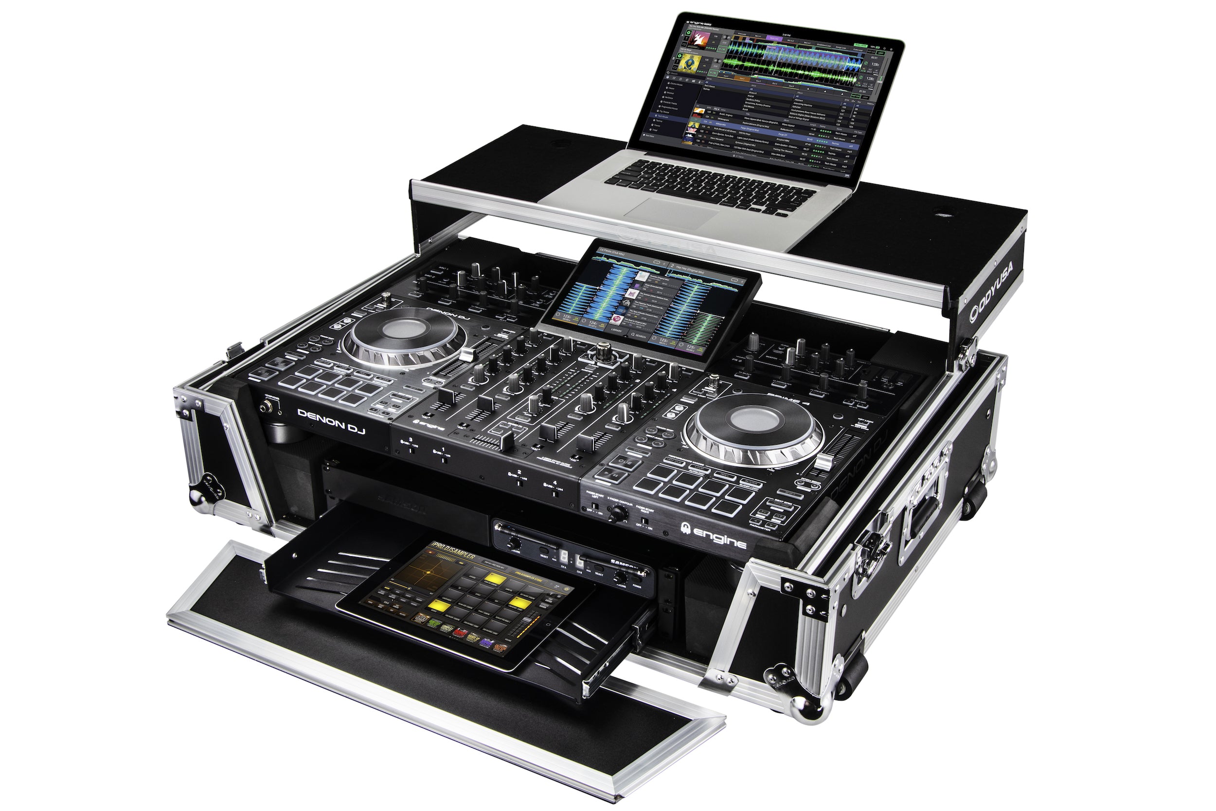Odyssey FZGSPRIME4W2 - Denon Prime 4 Flight Case with Patented Glide Laptop Platform and 2U Rack Space