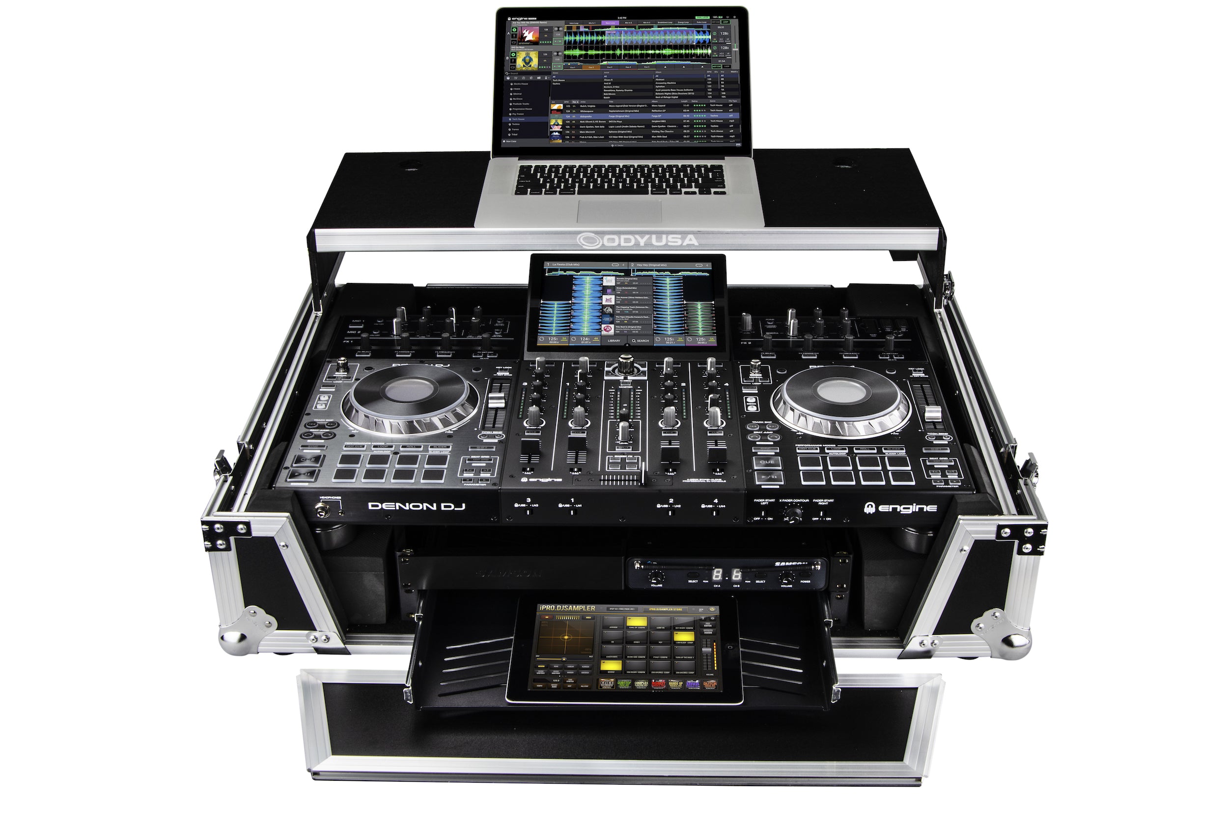 Odyssey FZGSPRIME4W2 - Denon Prime 4 Flight Case with Patented Glide Laptop Platform and 2U Rack Space