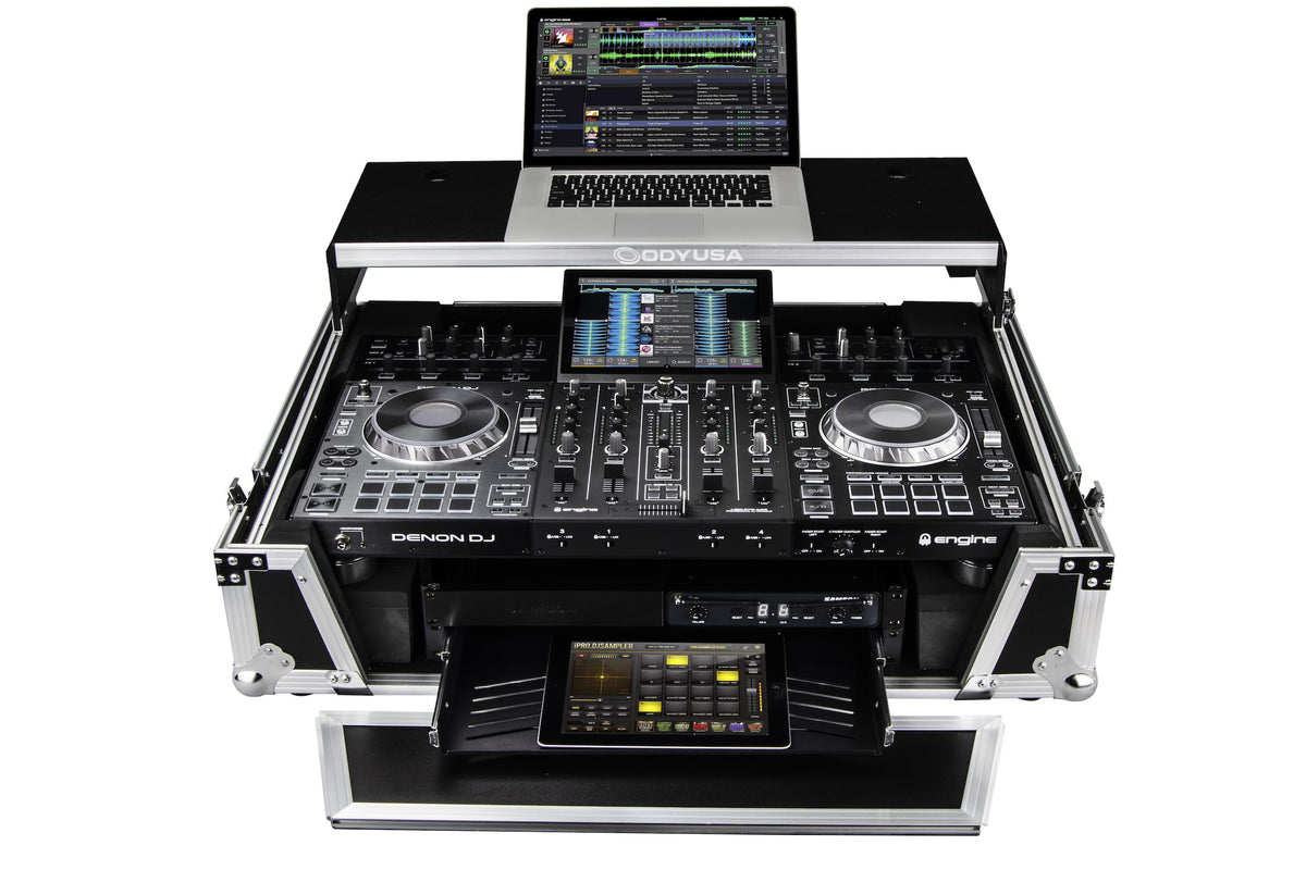Odyssey FZGSPRIME4W2 - Denon Prime 4 Flight Case with Patented Glide Laptop Platform and 2U Rack Space.