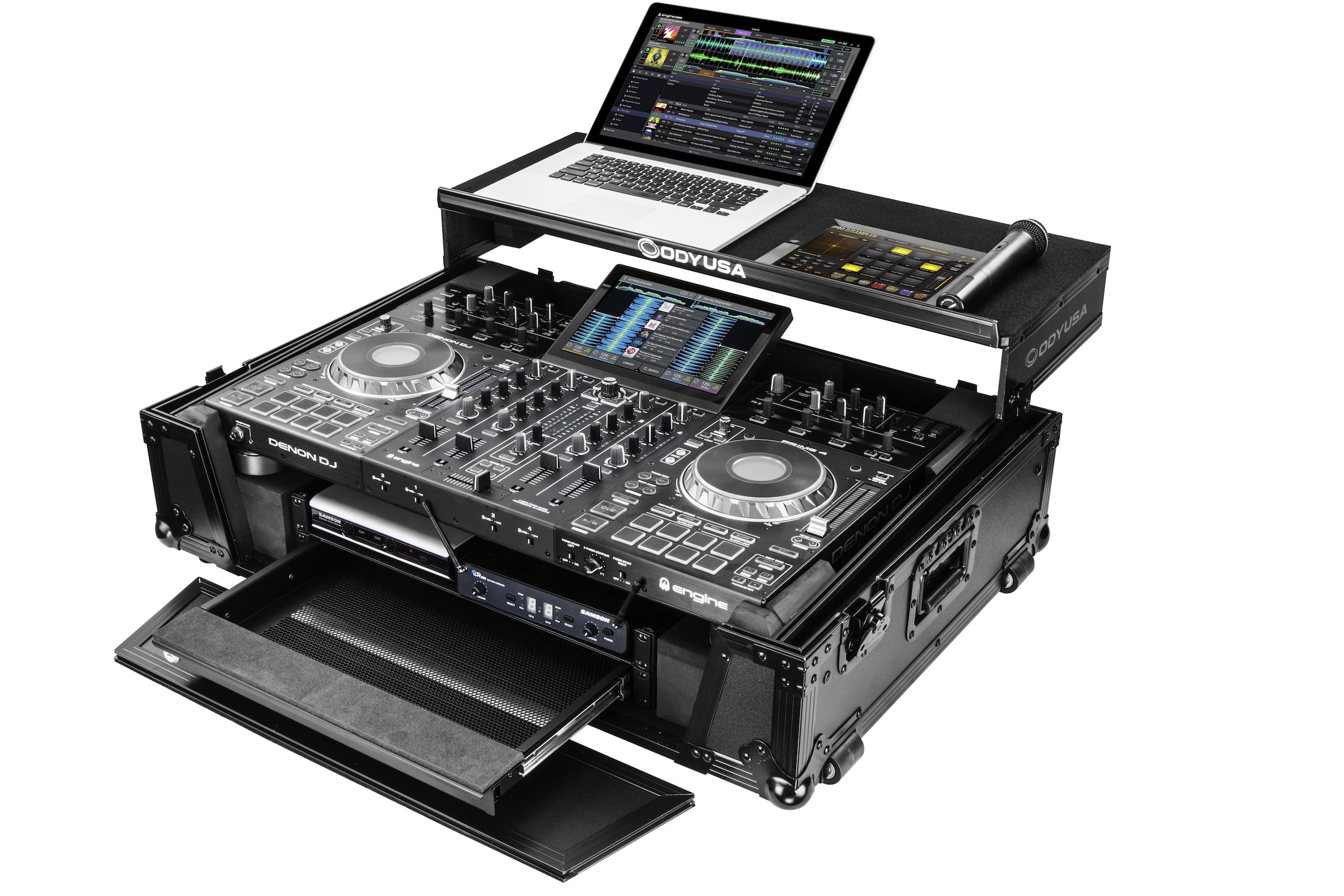 Odyssey FZGSPRIME4W2BL - Denon Prime 4 Black Flight Case with Patented Glide Laptop Platform and 2U Rack Space
