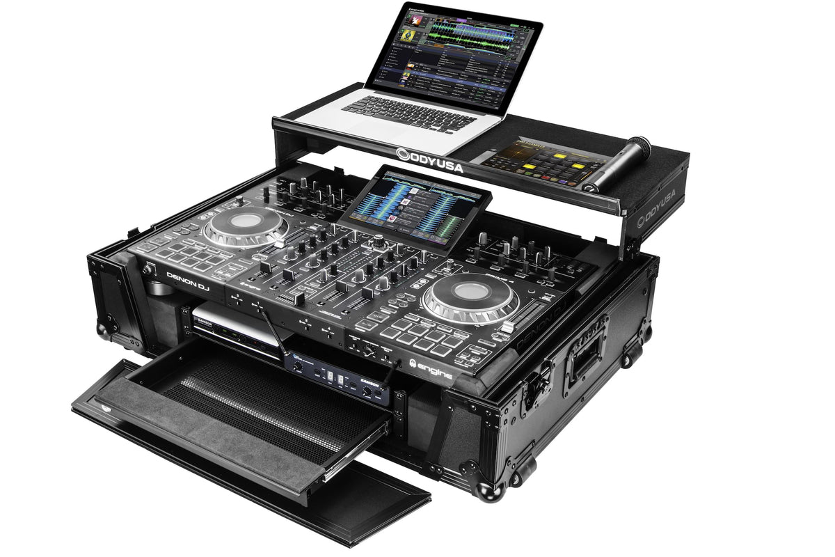 Odyssey FZGSPRIME4W2BL - Denon Prime 4 Black Flight Case with Patented Glide Laptop Platform and 2U Rack Space.
