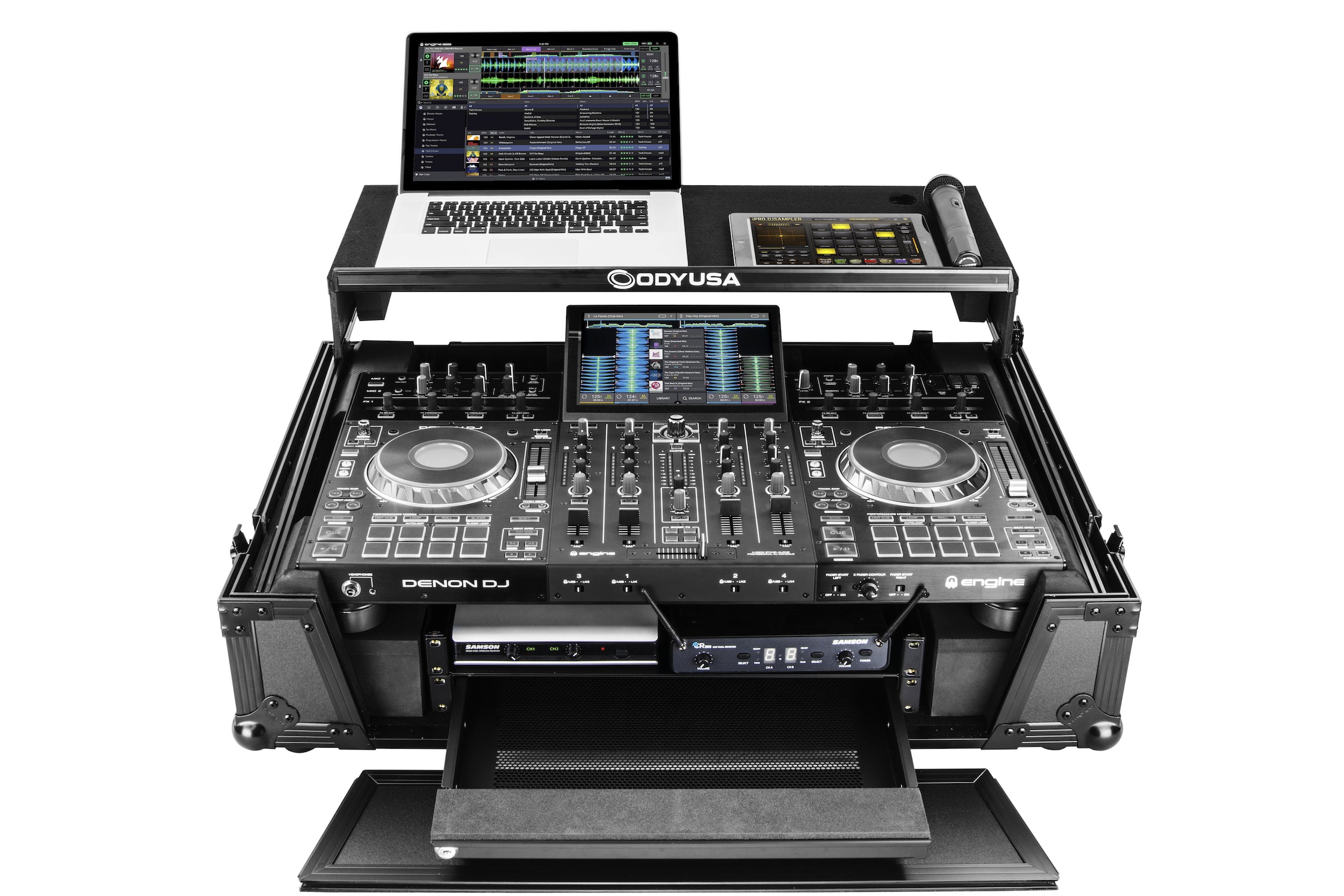 Odyssey FZGSPRIME4W2BL - Denon Prime 4 Black Flight Case with Patented Glide Laptop Platform and 2U Rack Space