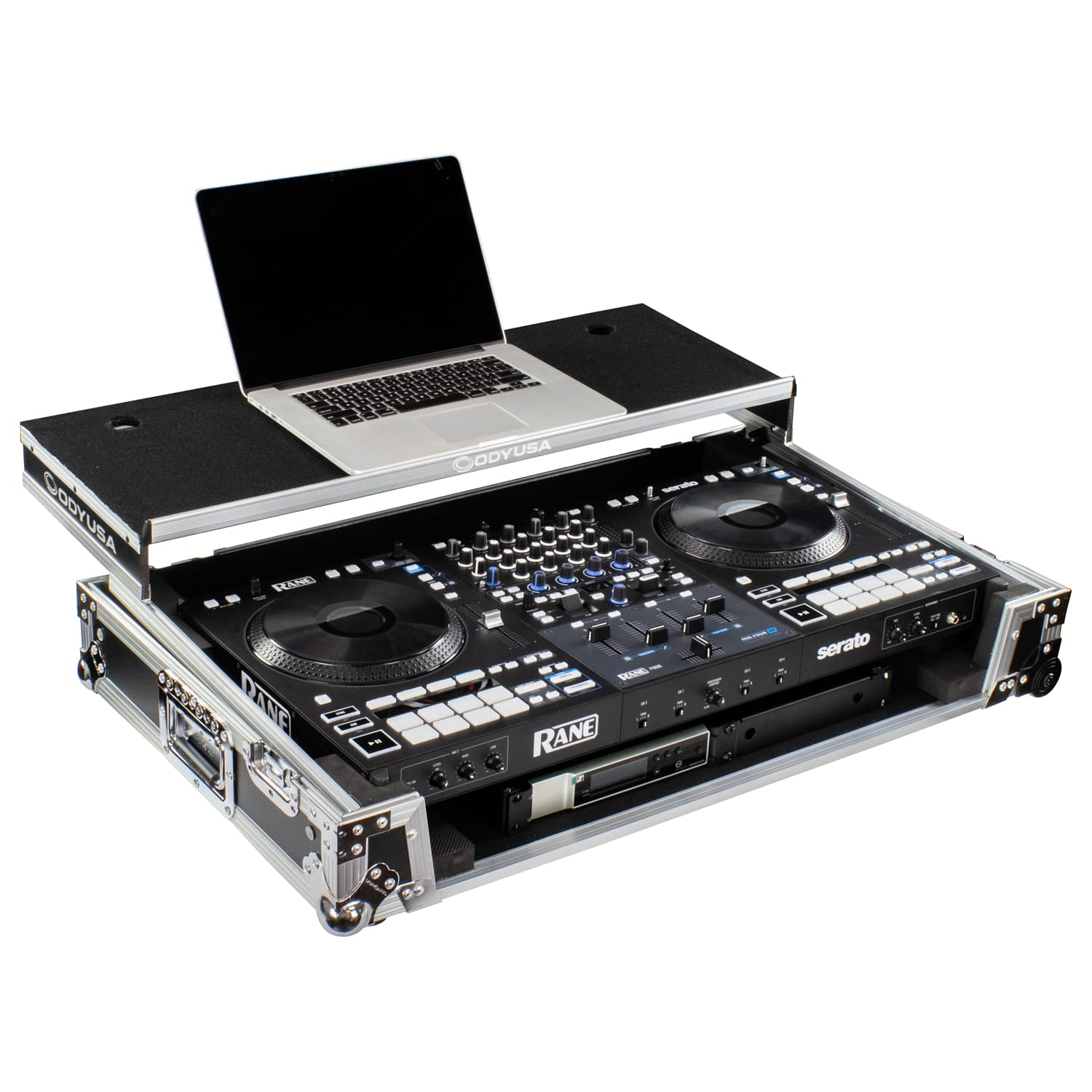 Odyssey FZGSRANE4W1 - RANE FOUR 1U Flight Case with Glide Style Laptop Platform and Wheels.