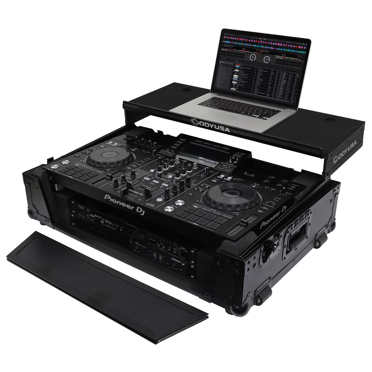 Odyssey FZGSXDJRX2W2BL - Black Pioneer XDJ-RX / XDJ-RX2 Flight Case with 2U Rack Space and Glide Platform