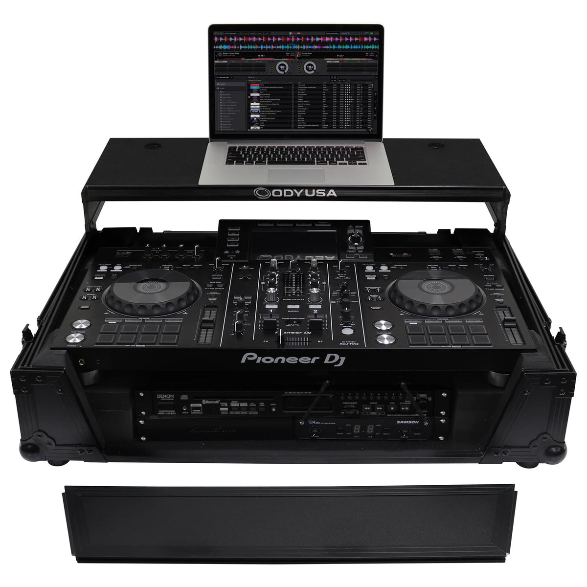 Odyssey FZGSXDJRX2W2BL - Black Pioneer XDJ-RX / XDJ-RX2 Flight Case with 2U Rack Space and Glide Platform