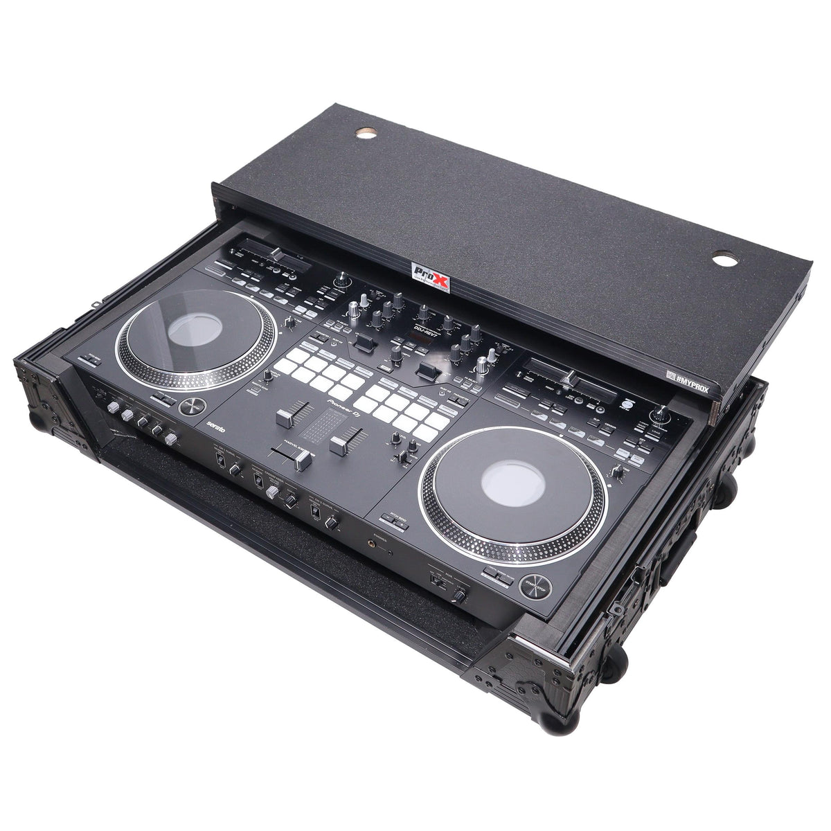 ProX XS-DDJREV7WLTBL - ATA Style Flight Case for Pioneer DDJ-REV7 DJ Controller with Laptop Shelf Wheels and 1U Rackspace Black Finish.