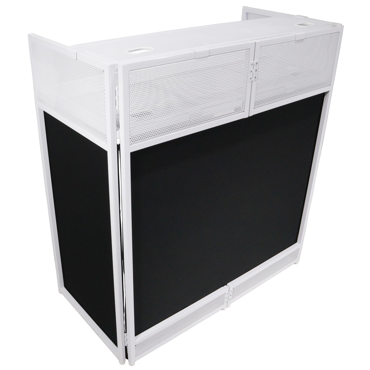 ProX XF-VISTAWHMK2 - VISTA DJ Booth Table Work Station with White Black Scrims and Carrying Bag White Frame.