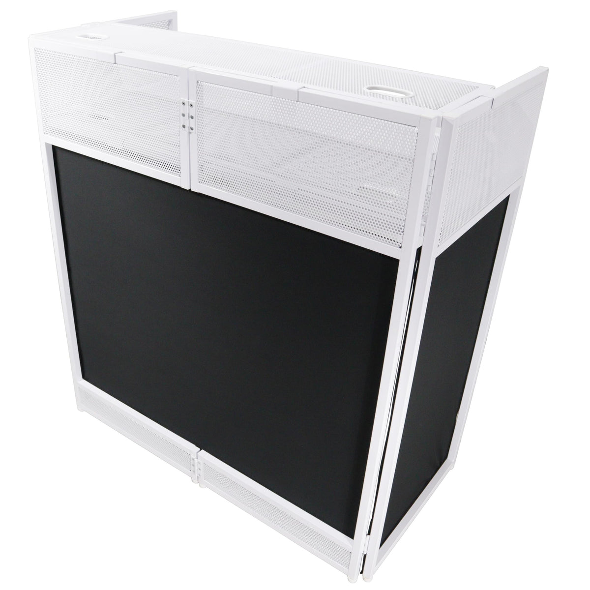 ProX XF-VISTAWHMK2 - VISTA DJ Booth Table Work Station with White Black Scrims and Carrying Bag White Frame.