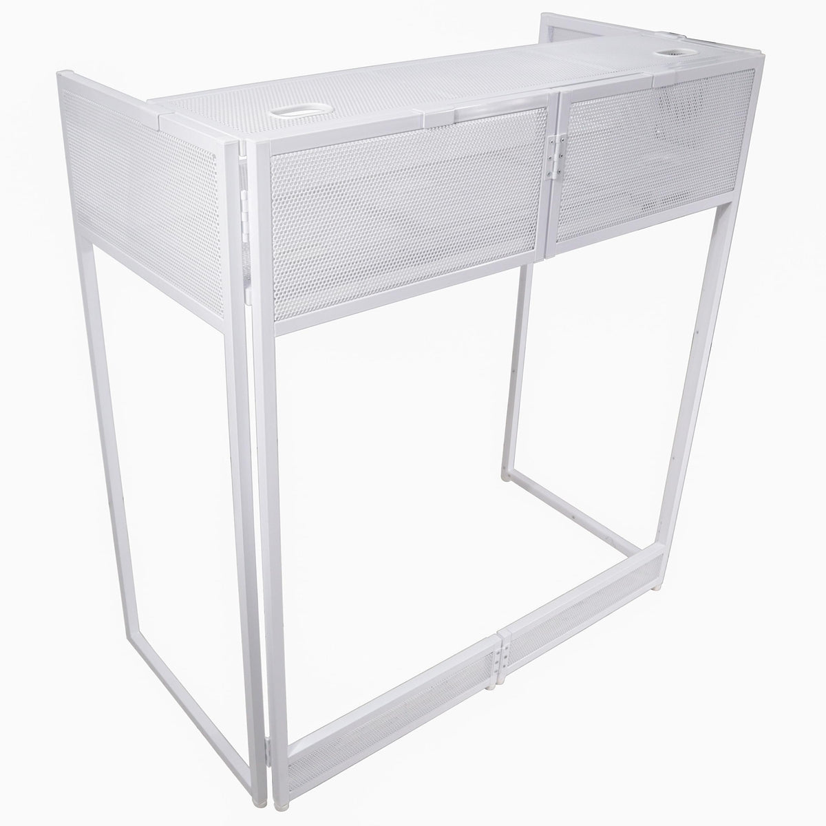 ProX XF-VISTAWHMK2 - VISTA DJ Booth Table Work Station with White Black Scrims and Carrying Bag White Frame.