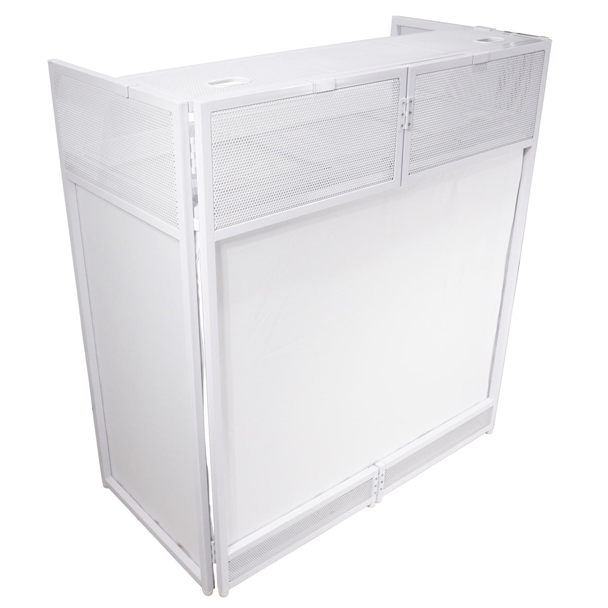 ProX XF-VISTAWHMK2 - VISTA DJ Booth Table Work Station with White Black Scrims and Carrying Bag White Frame.