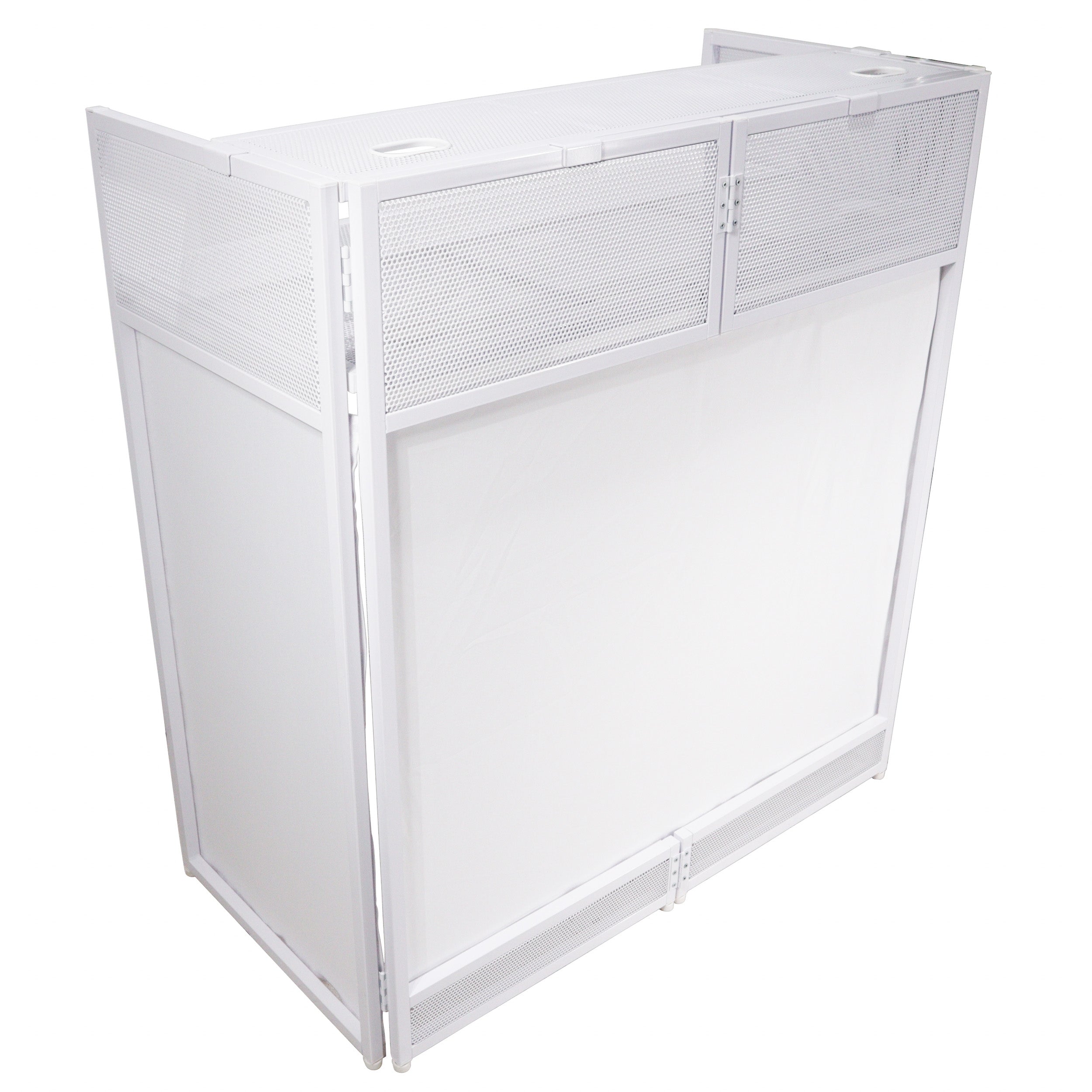 ProX XF-VISTAWHMK2 - VISTA DJ Booth Table Work Station with White Black Scrims and Carrying Bag White Frame