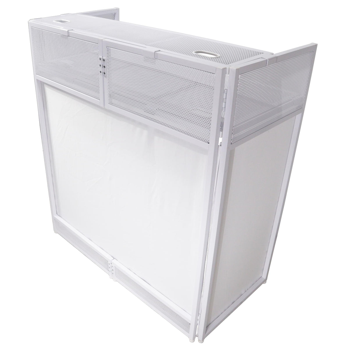 ProX XF-VISTAWHMK2 - VISTA DJ Booth Table Work Station with White Black Scrims and Carrying Bag White Frame.