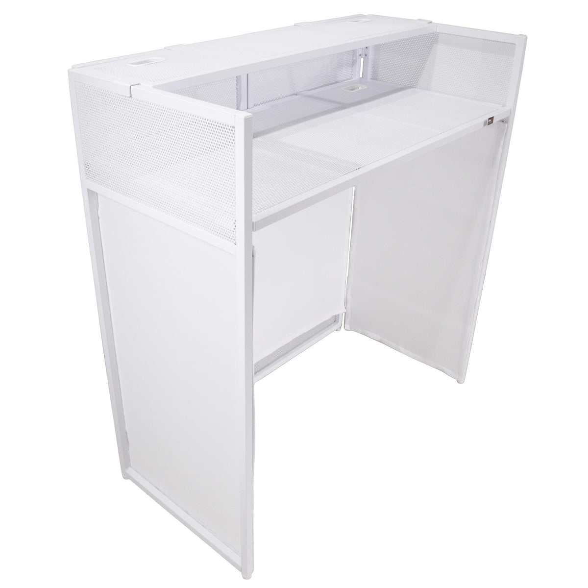 ProX XF-VISTAWHMK2 - VISTA DJ Booth Table Work Station with White Black Scrims and Carrying Bag White Frame.