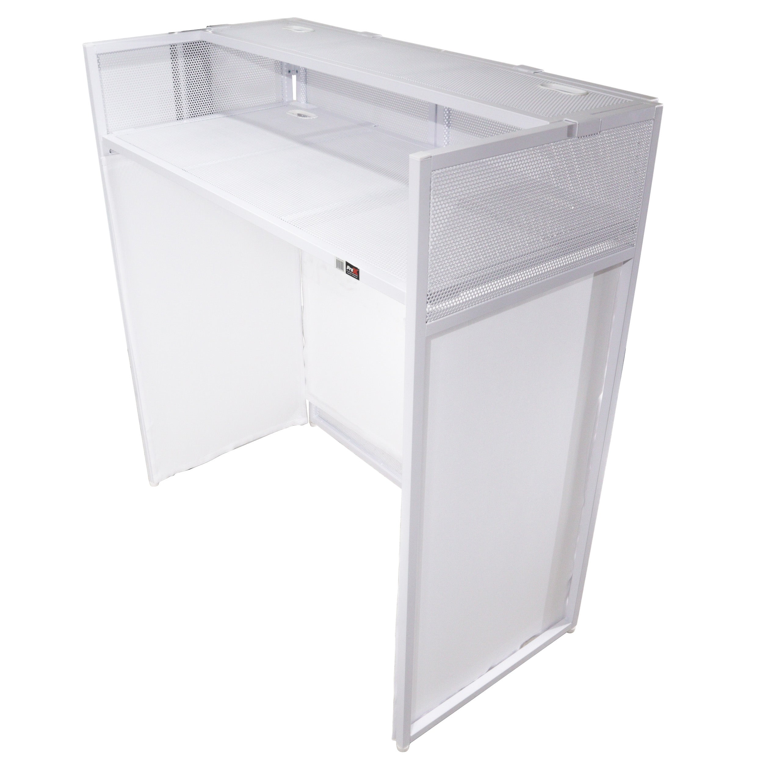 ProX XF-VISTAWHMK2 - VISTA DJ Booth Table Work Station with White Black Scrims and Carrying Bag White Frame.