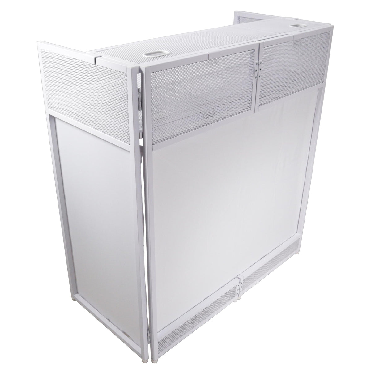 ProX XF-VISTAWHMK2 - VISTA DJ Booth Table Work Station with White Black Scrims and Carrying Bag White Frame.