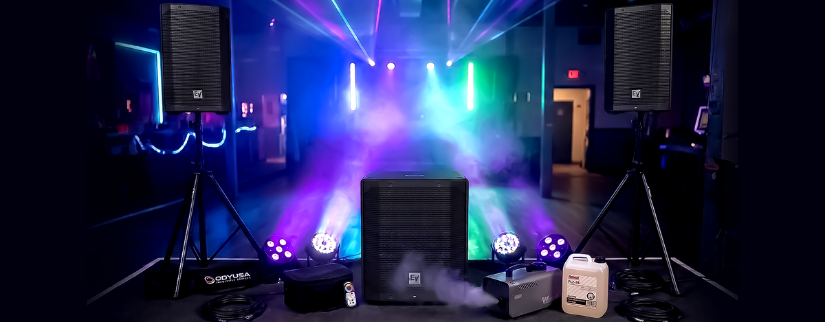 Party Rocker Bundle lights and atmospherics - Colorkey HEX 5 uplights and Antari fog machine