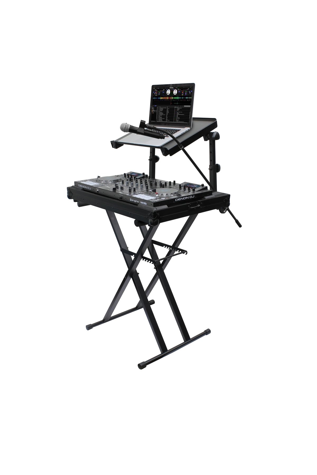 Odyssey LTBXS2MTCP - X-Stand Combo Pack Dual Tier Heavy-Duty Folding Stand with Microphone Boom and Laptop/Gear Shelf.