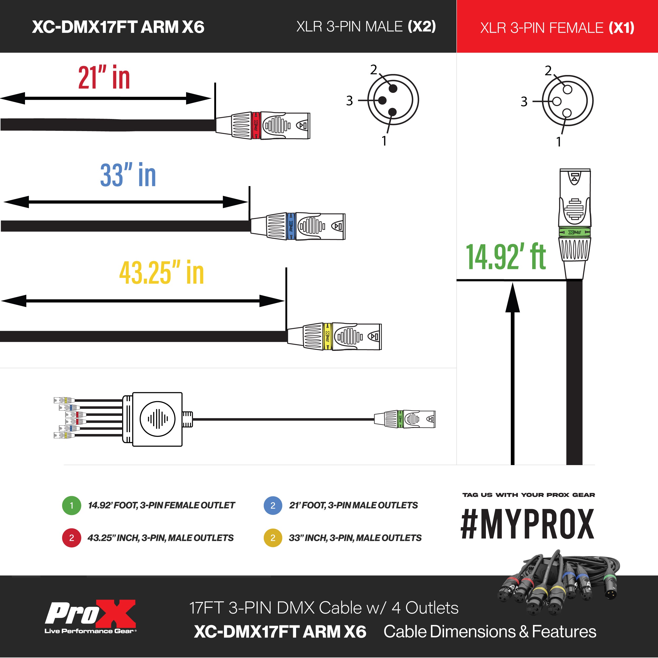 ProX 17FT 1 to 6 Outlet 3PIN DMX CABLE High Performance