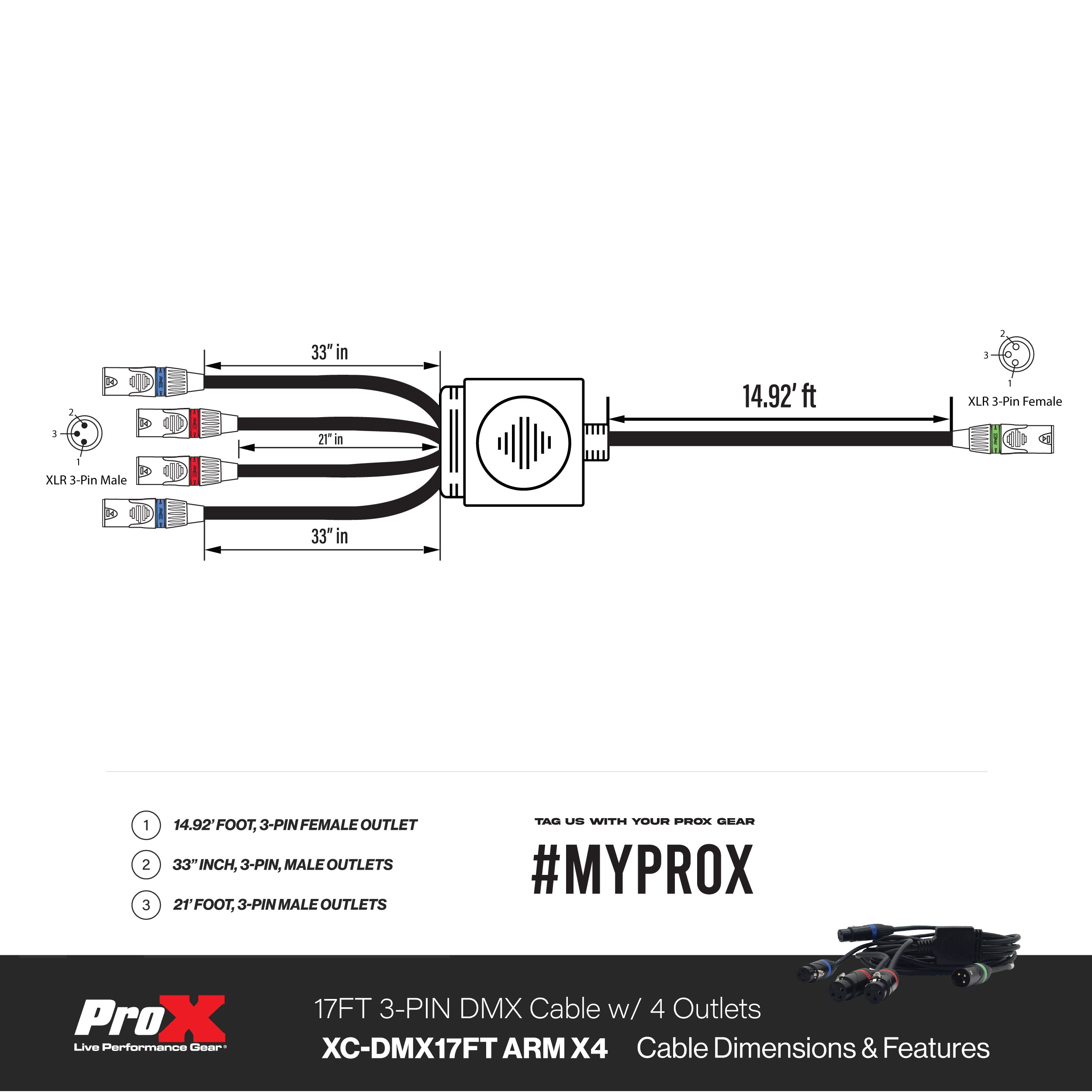 ProX 17FT 1 to 4 Outlet 3PIN DMX CABLE High Performance