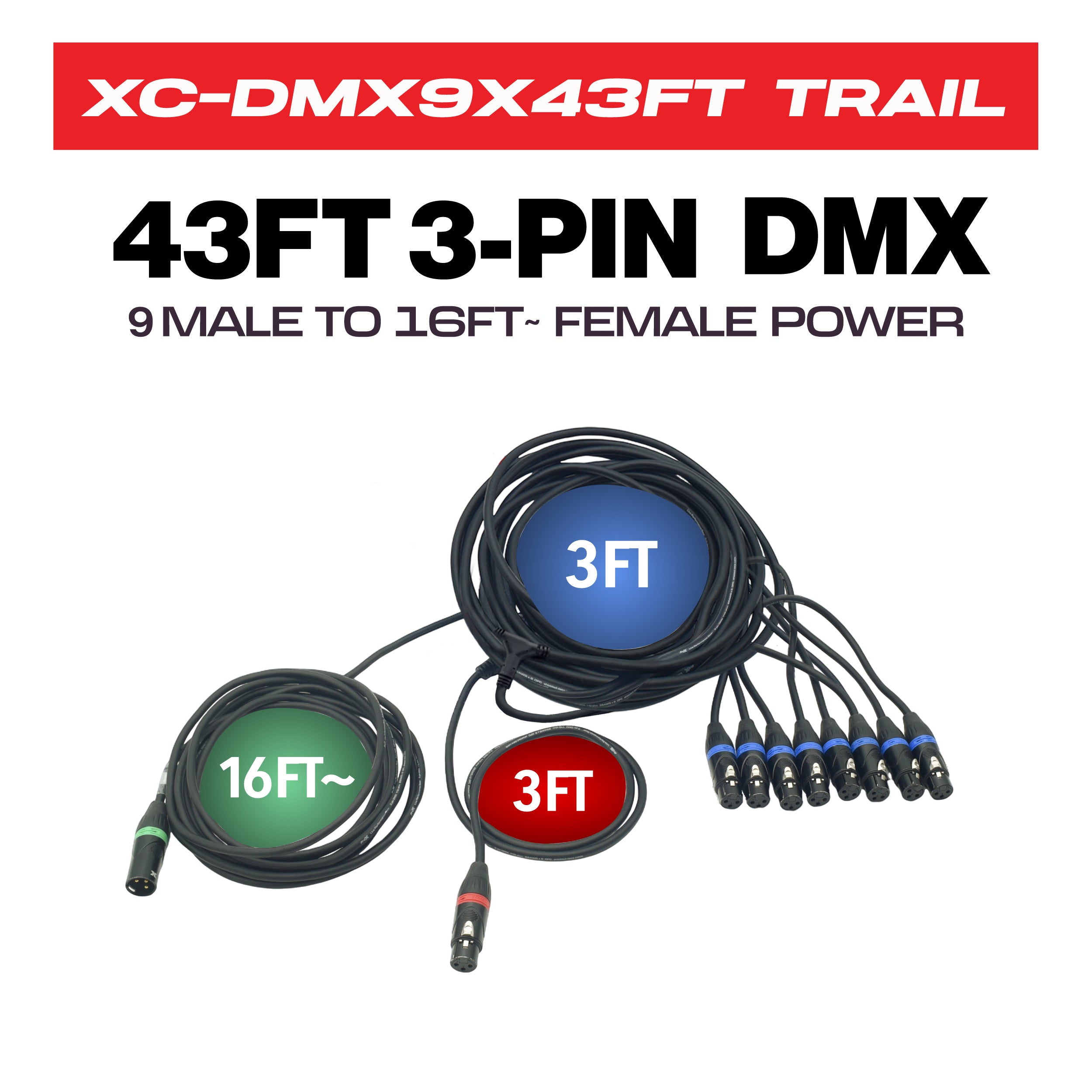 ProX XC-DMX9X43FT TRAIL – 43FT 3-Pin DMX Cable w/ 9 Breakouts