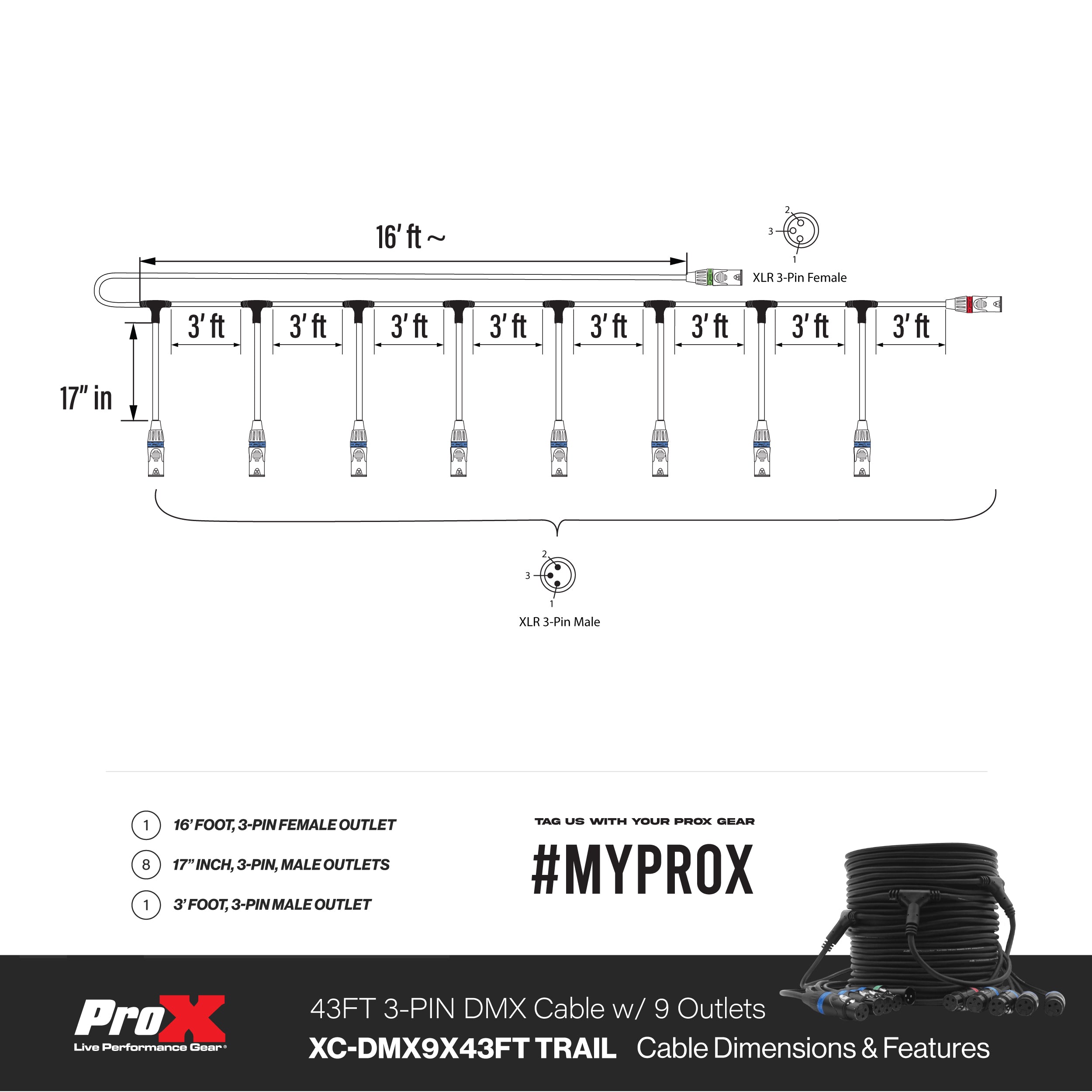 ProX XC-DMX9X43FT TRAIL – 43FT 3-Pin DMX Cable w/ 9 Breakouts