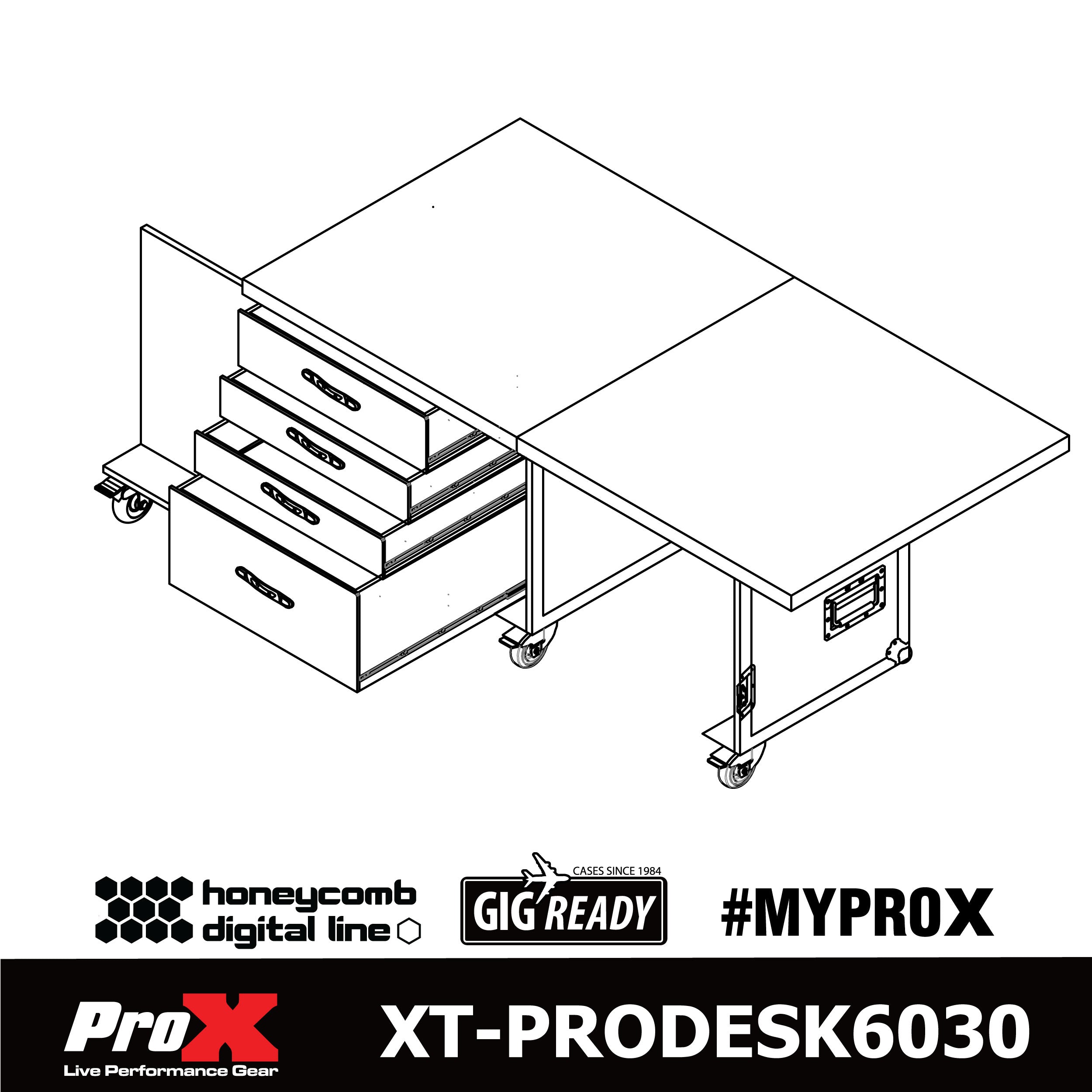ProX Mobile Office Foldable Pro Desk Flight case Workstation 60x30" Table Top, Drawer and Wheels