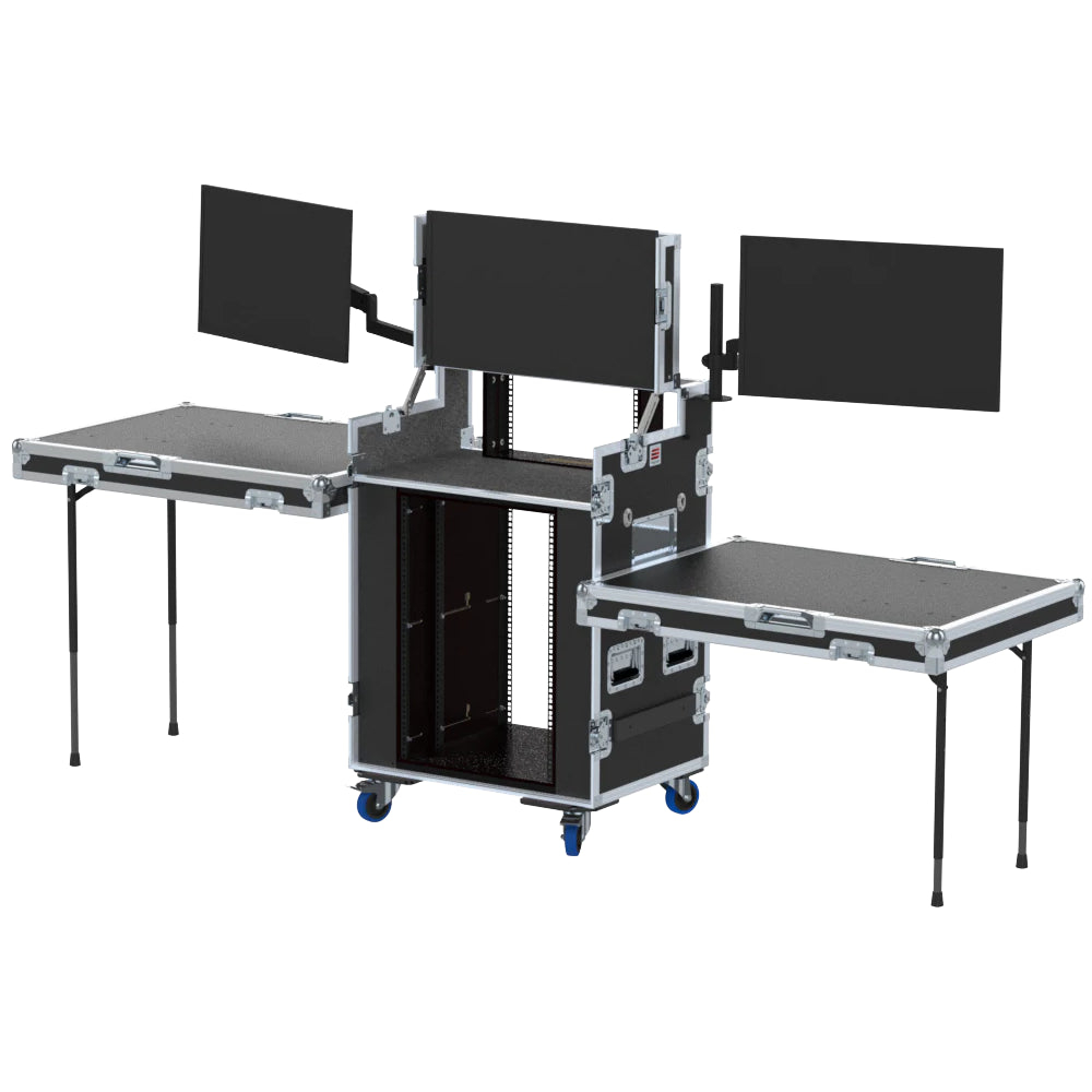 ProX Video Control Workstation Flight Case 16U + 5U Rack with Dual Side Tables & Triple Monitor Mount by Santosom
