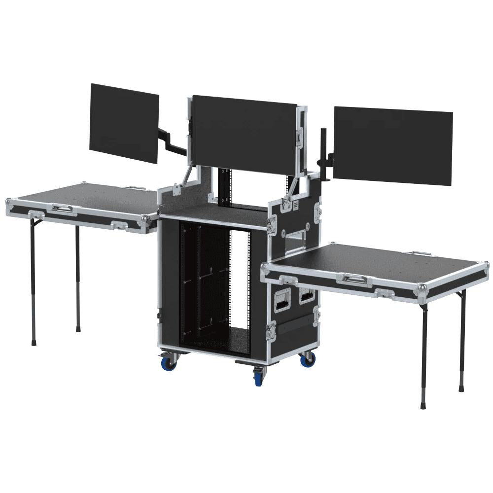 ProX Video Control Workstation Flight Case 16U + 5U Rack with Dual Side Tables & Triple Monitor Mount by Santosom.