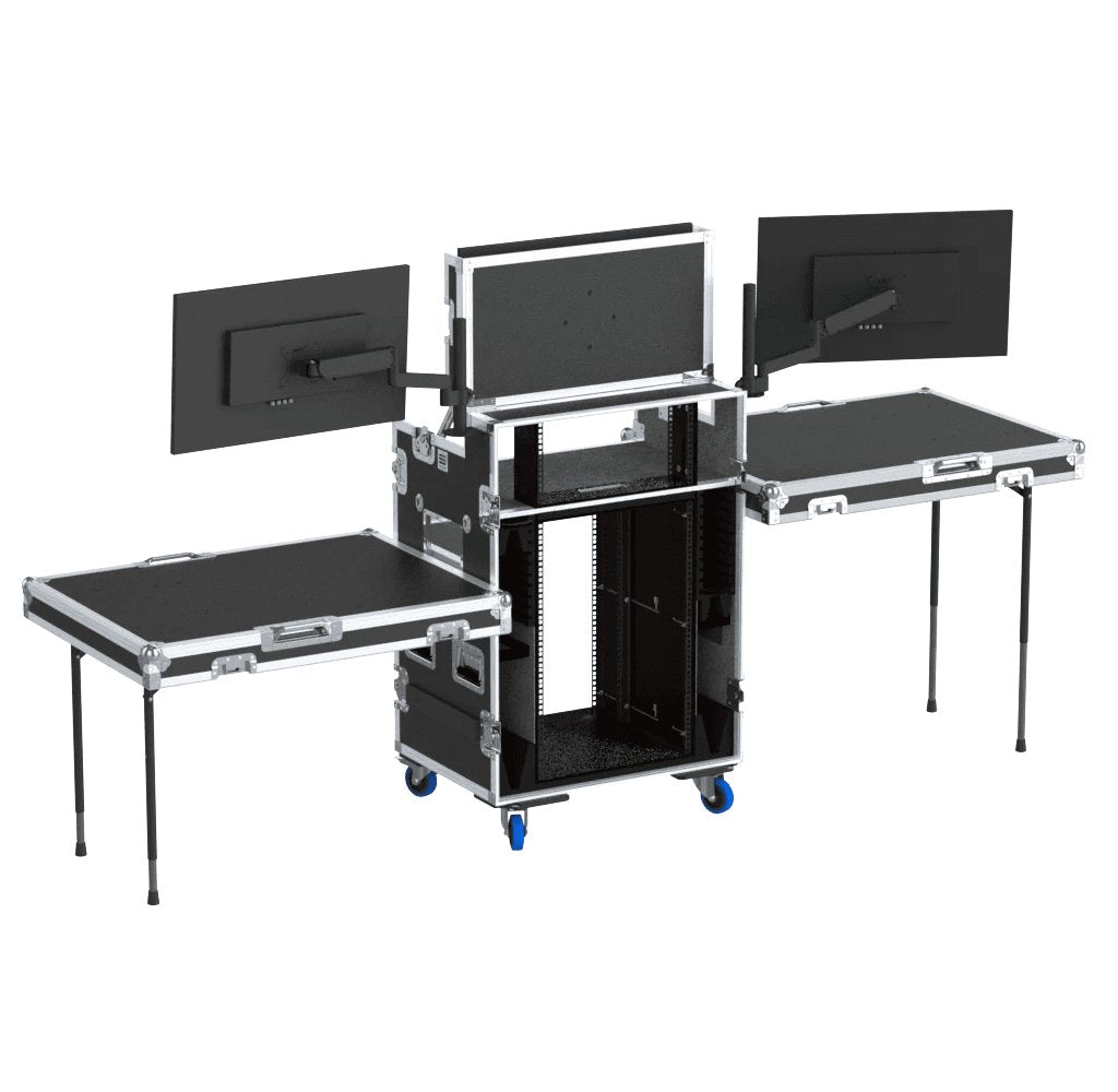 ProX Video Control Workstation Flight Case 16U + 5U Rack with Dual Side Tables & Triple Monitor Mount by Santosom.