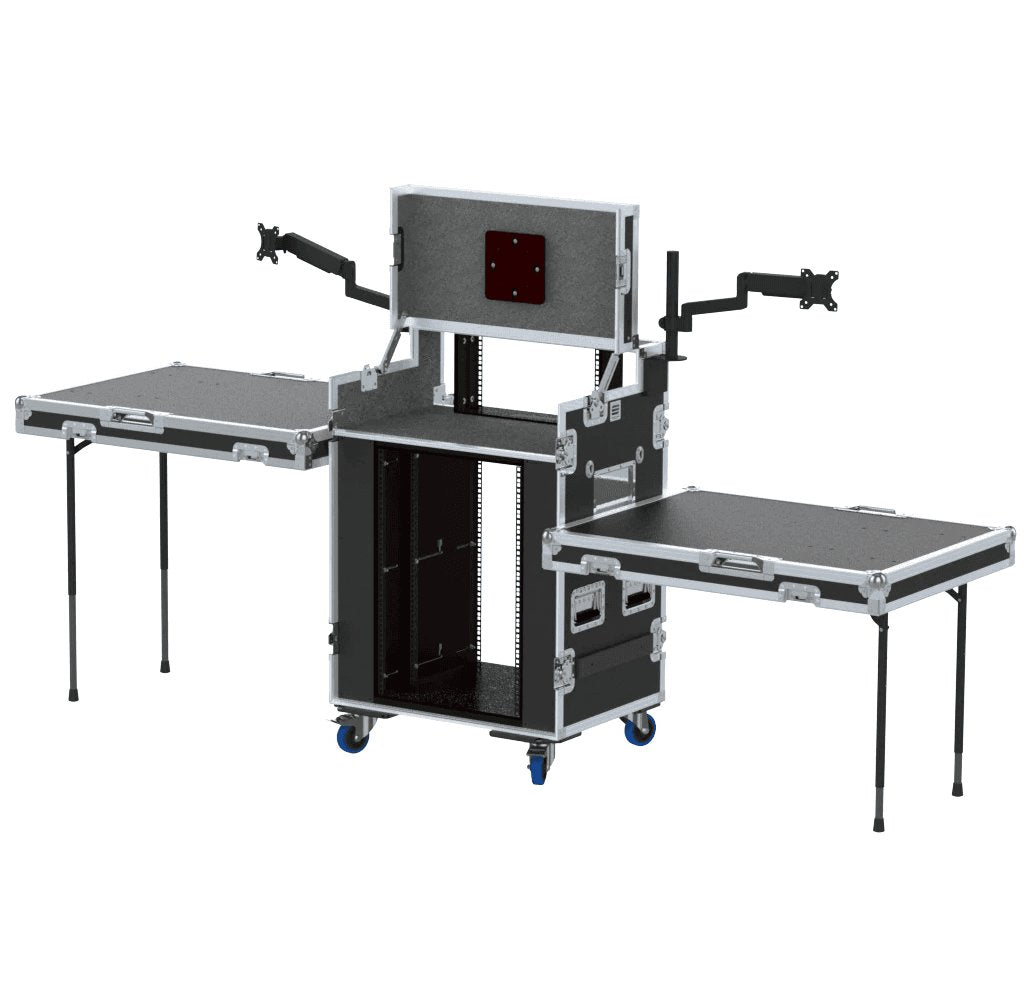 ProX Video Control Workstation Flight Case 16U + 5U Rack with Dual Side Tables & Triple Monitor Mount by Santosom.