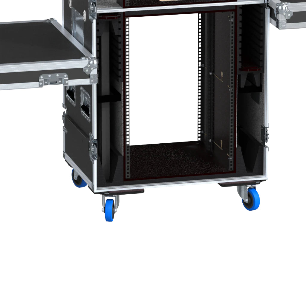 ProX Video Control Workstation Flight Case 16U + 5U Rack with Dual Side Tables & Triple Monitor Mount by Santosom