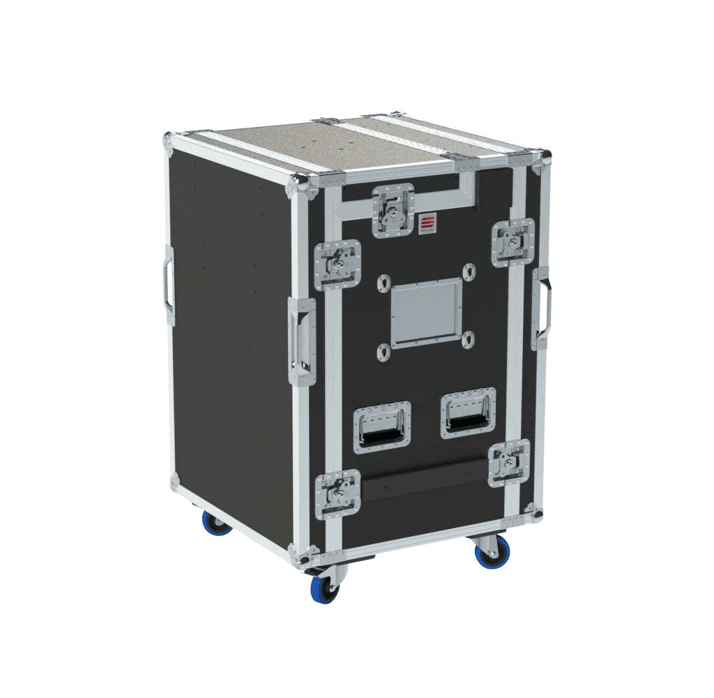 ProX Video Control Workstation Flight Case 16U + 5U Rack with Dual Side Tables & Triple Monitor Mount by Santosom.