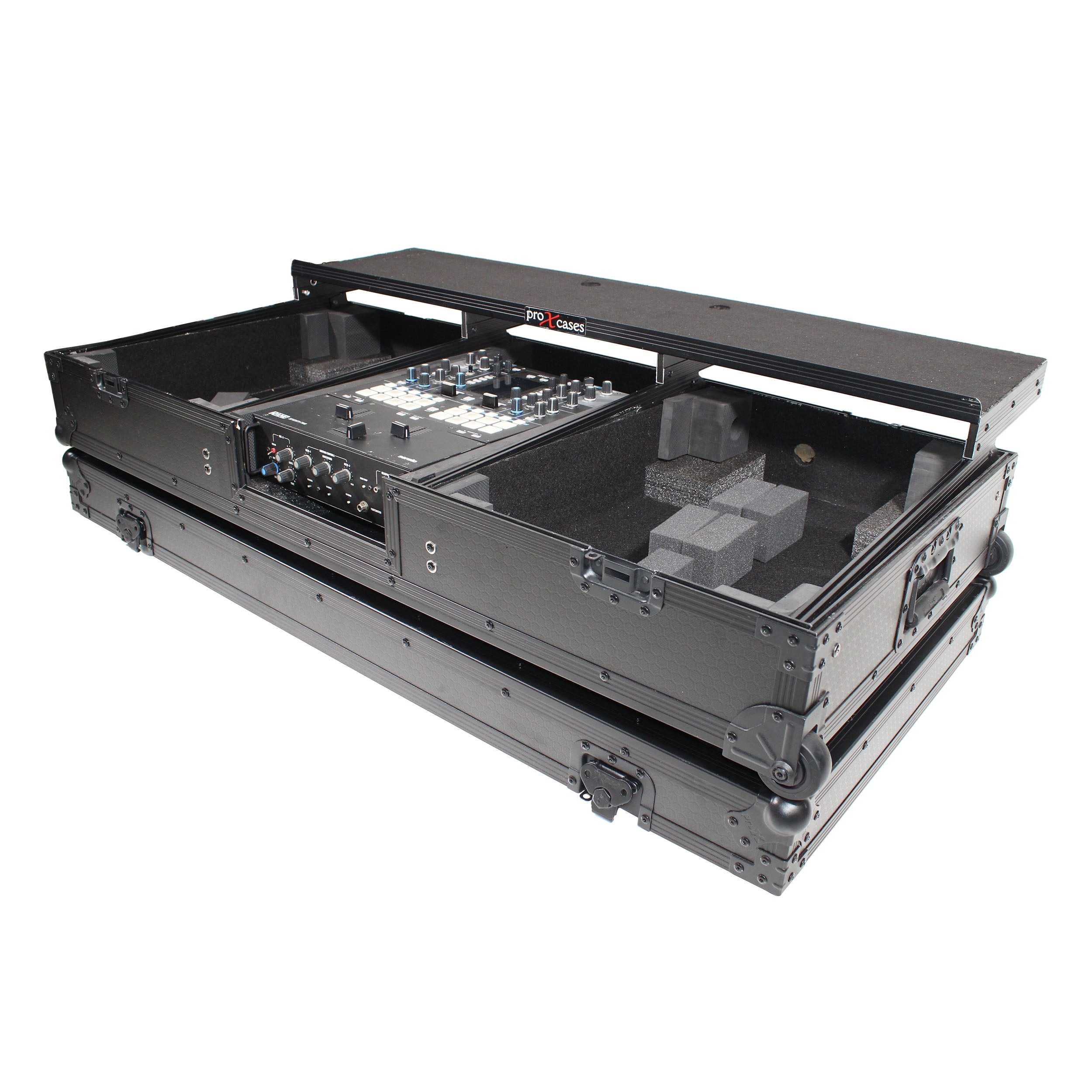 ProX XS-TMC1012WLTFBTLBL - Flight Coffin Case For 12" Rane 72 Mixer and 2 Turntables in Battle Mode W/ Laptop Shelf and Wheels Black on Black
