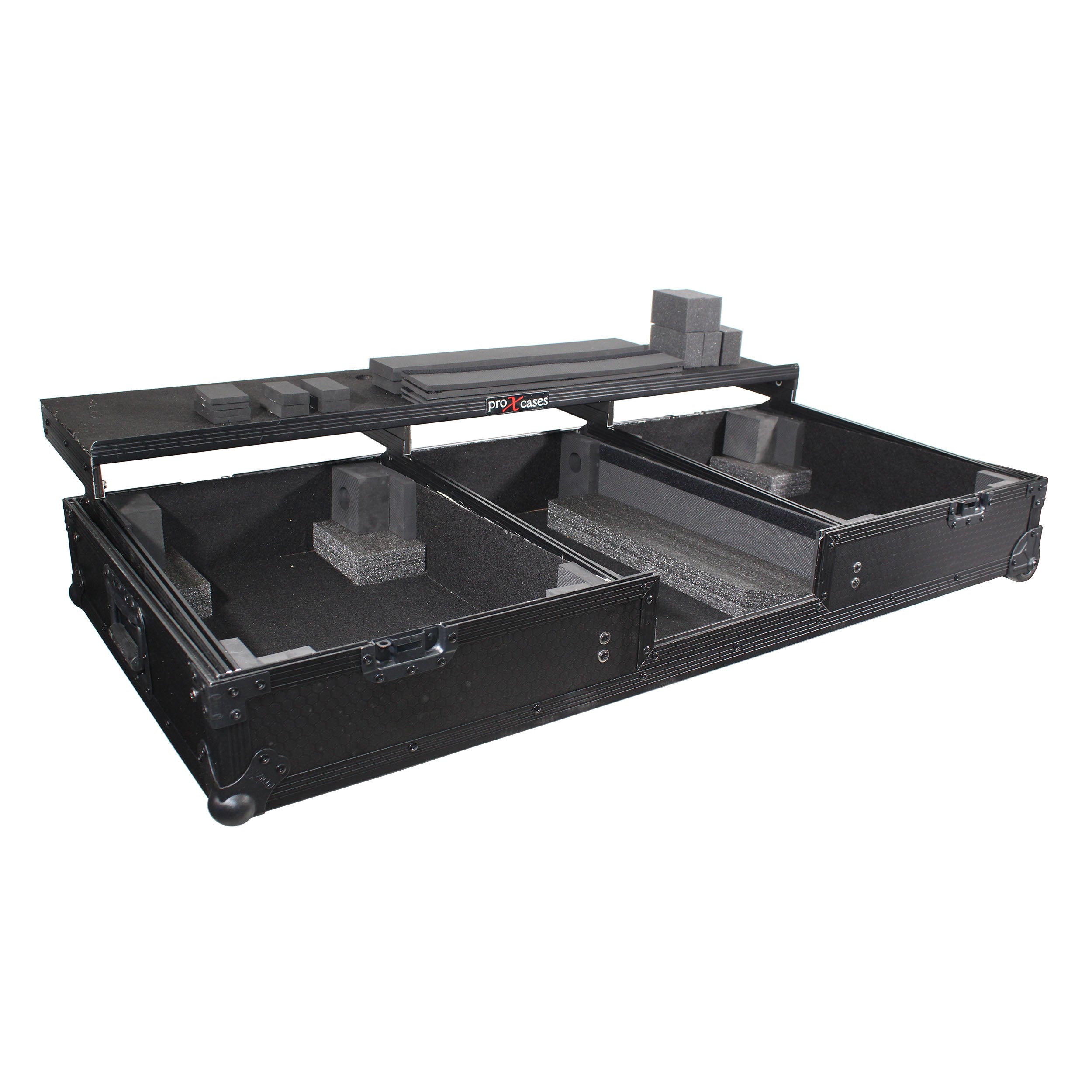ProX XS-TMC1012WLTFBTLBL - Flight Coffin Case For 12" Rane 72 Mixer and 2 Turntables in Battle Mode W/ Laptop Shelf and Wheels Black on Black.