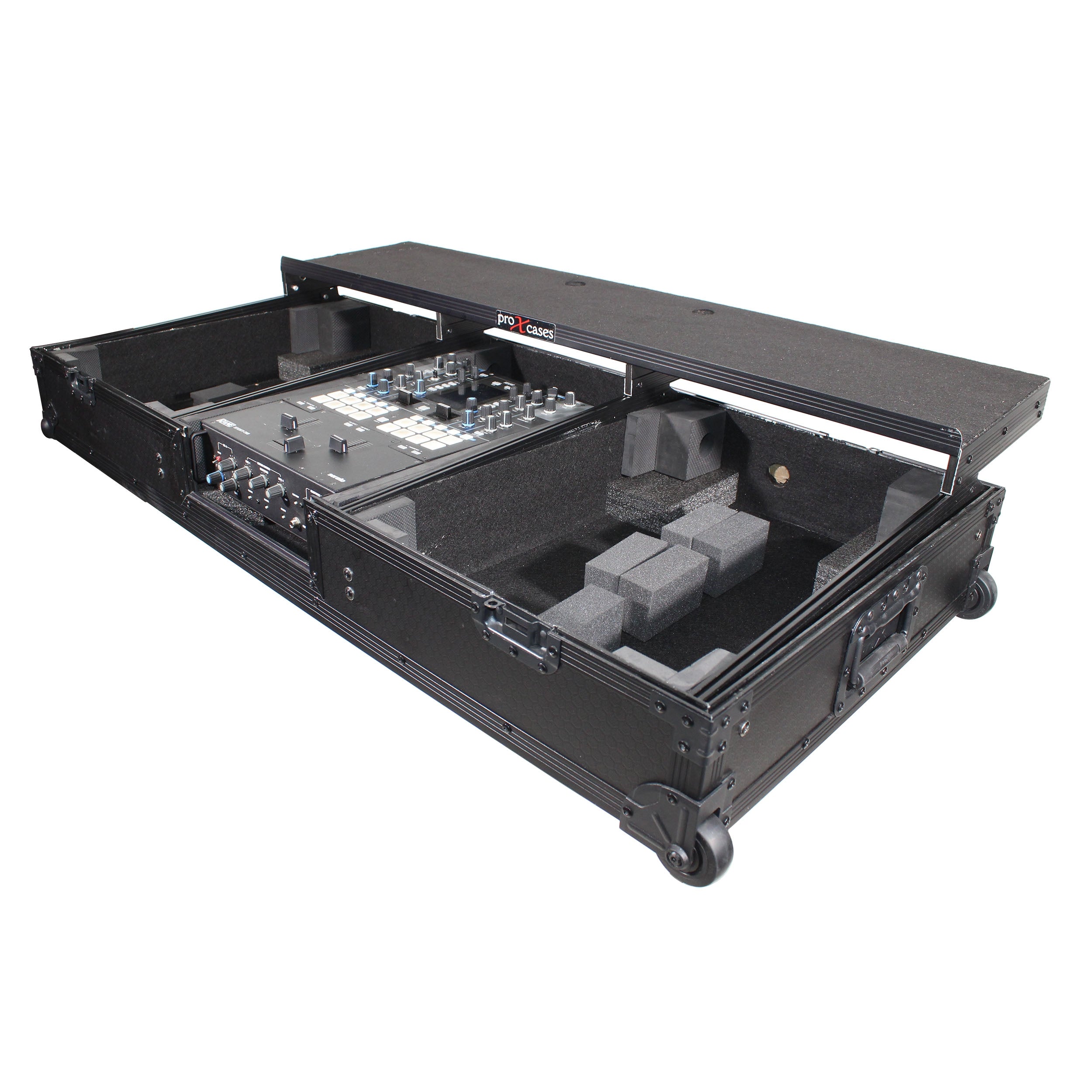 ProX XS-TMC1012WLTFBTLBL - Flight Coffin Case For 12" Rane 72 Mixer and 2 Turntables in Battle Mode W/ Laptop Shelf and Wheels Black on Black.
