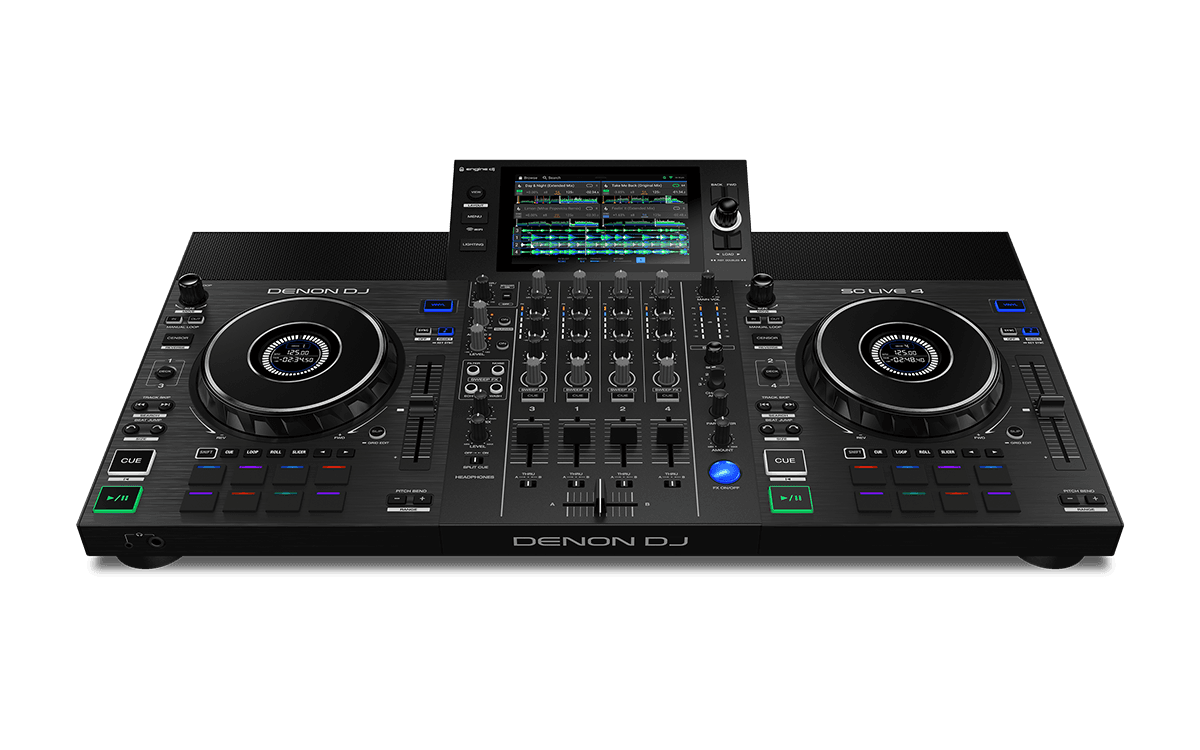 Denon DJ SC LIVE 4 - 4-Deck Standalone DJ Controller with 7” Touchscreen, Built-in Speakers, and Wi-Fi Connectivity.
