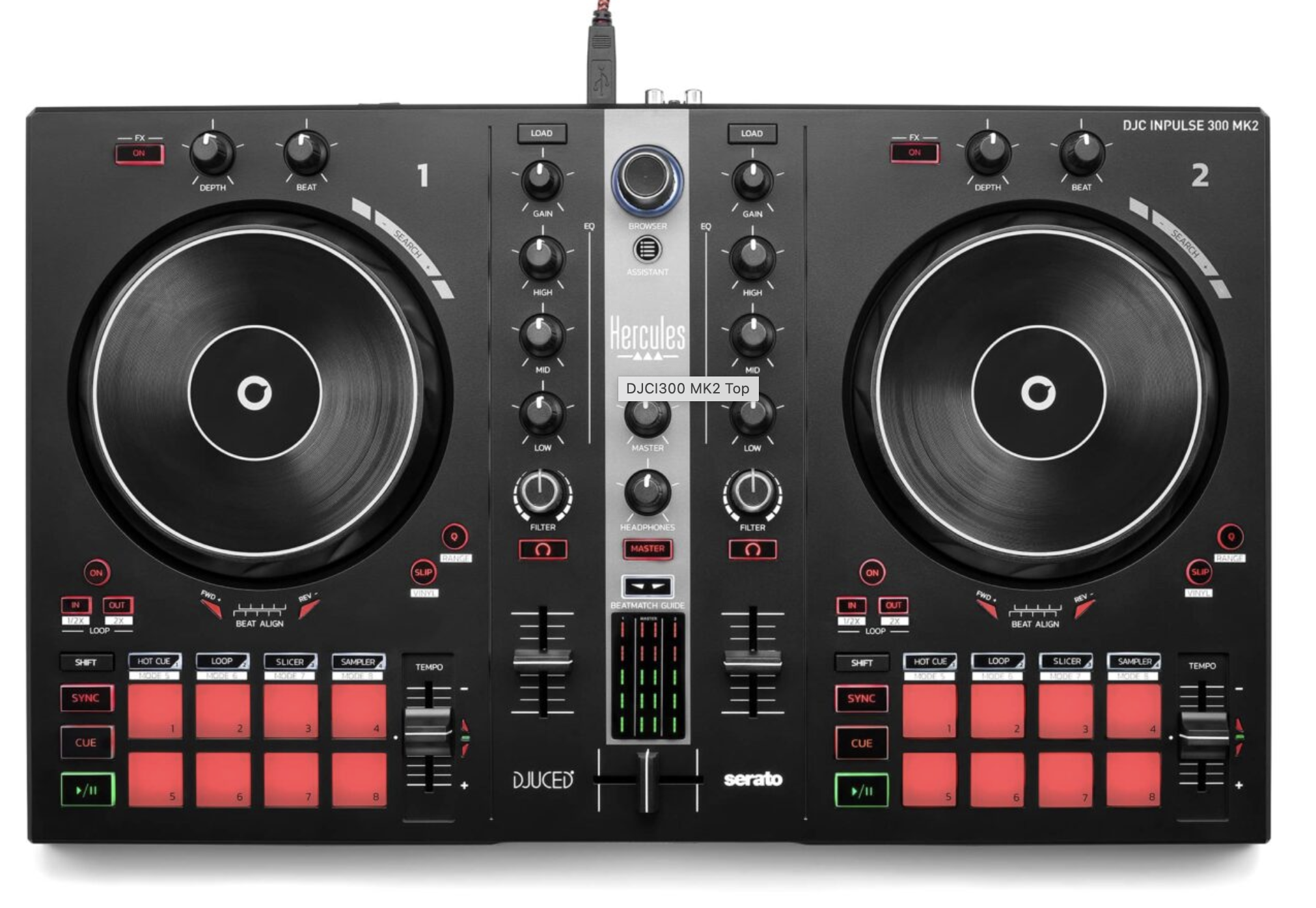Hercules DJ Control Inpulse 300 MK2 - 2-Channel DJ Controller for Serato & Djuced with Built-in-light Guides for Learning DJs