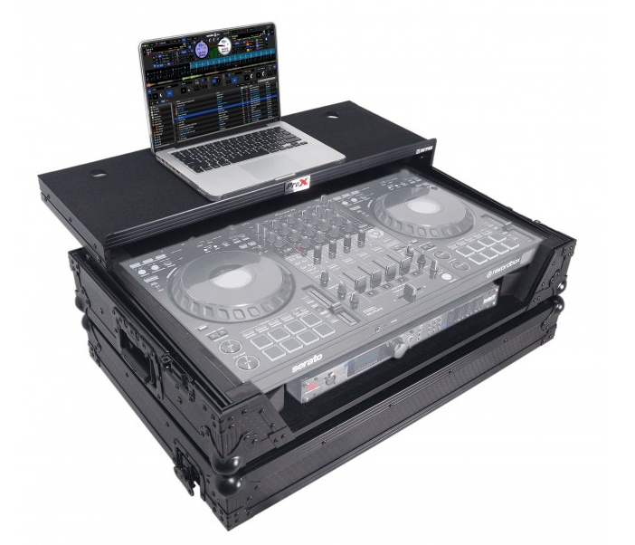 ProX XS-DDJFLX10WLTBLLED - ATA Flight Style Road Case For Pioneer DDJ-FLX10 or DDJ-GRV6 with Laptop Shelf 1U Rack Space Wheels and LED Black Finish