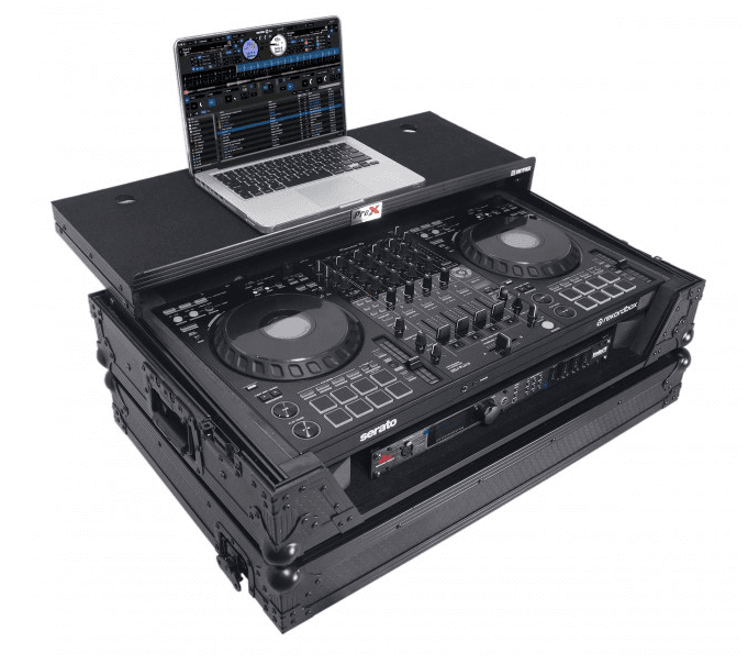 ProX XS-DDJFLX10WLTBLLED - ATA Flight Style Road Case For Pioneer DDJ-FLX10 or DDJ-GRV6 with Laptop Shelf 1U Rack Space Wheels and LED Black Finish.