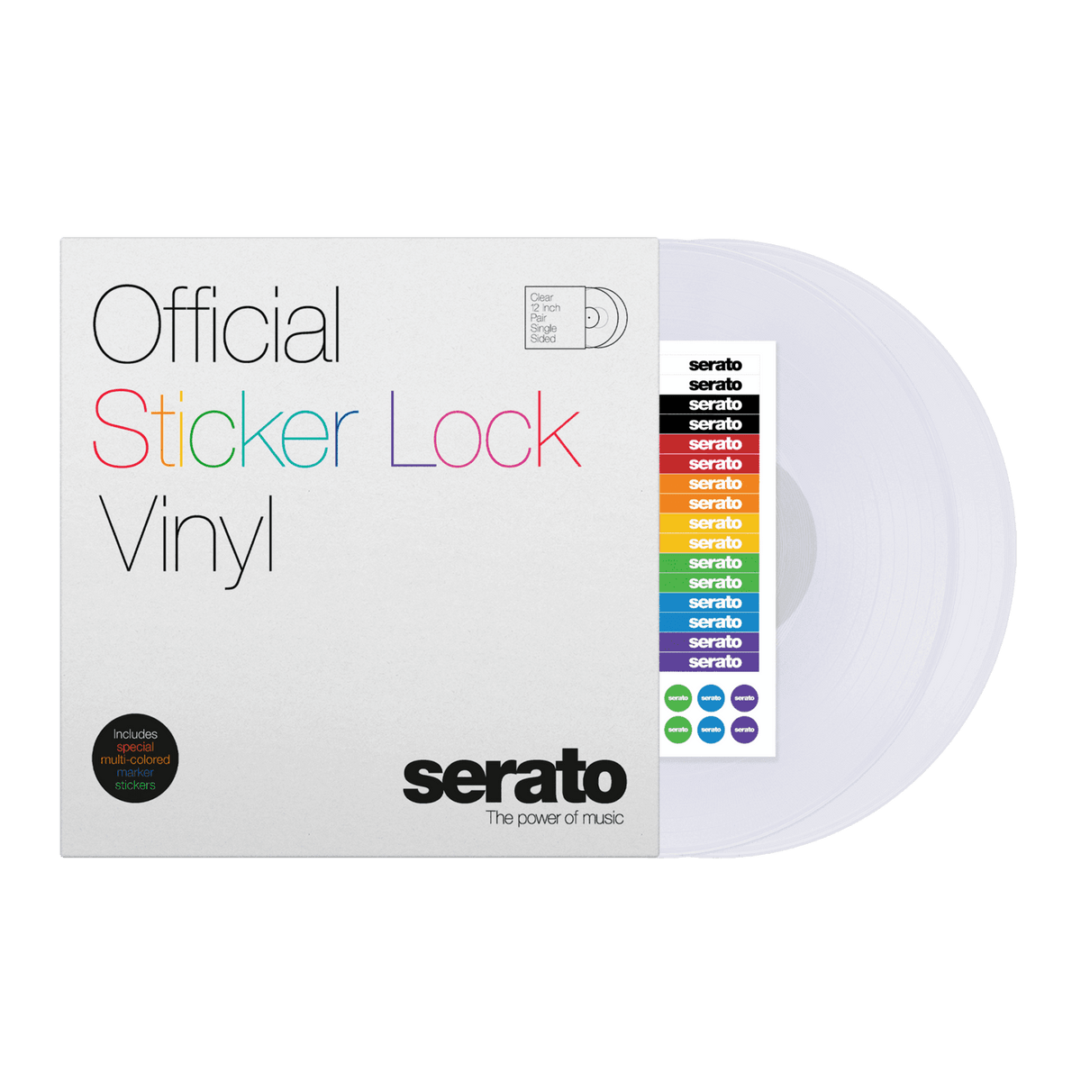 Serato 12" Sticker Lock - Single-sided Serato Control Vinyl 12" in Clear, with Special Marker Stickers in Multiple Colors (Pair).