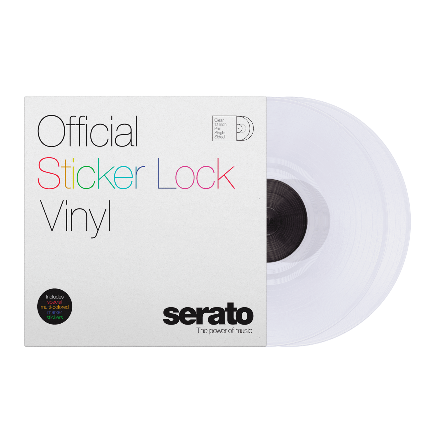 Serato 12" Sticker Lock - Single-sided Serato Control Vinyl 12" in Clear, with Special Marker Stickers in Multiple Colors (Pair)