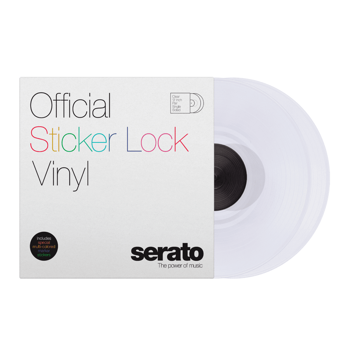 Serato 12" Sticker Lock - Single-sided Serato Control Vinyl 12" in Clear, with Special Marker Stickers in Multiple Colors (Pair).