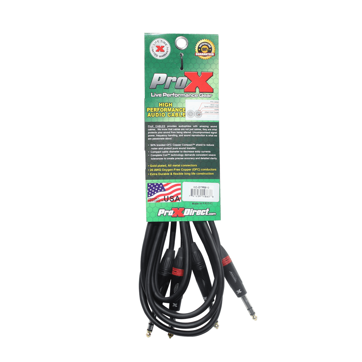 ProX XC-DTRS10 - 10 Ft. Balanced Dual 1/4" TRS-M to Dual 1/4" TRS-M High Performance Audio Cable.