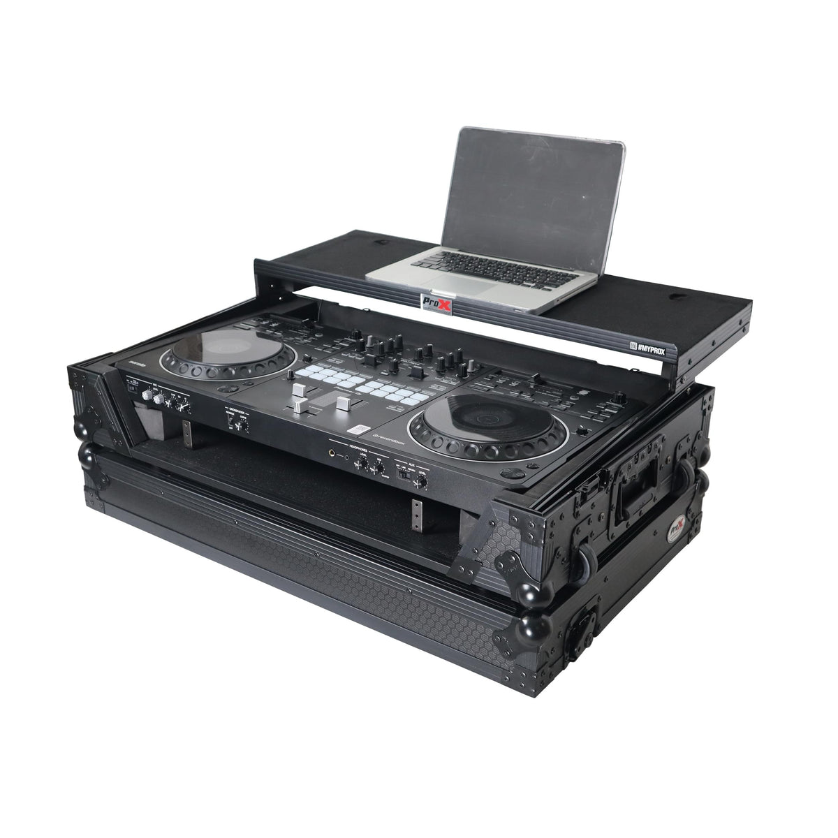 ProX XS-DDJREV5WLTBLLED - ATA Flight Style Road Case For Pioneer DDJ-REV5 DJ Controller with Laptop Shelf 1U Rack Space Wheels and LED Black Finish.