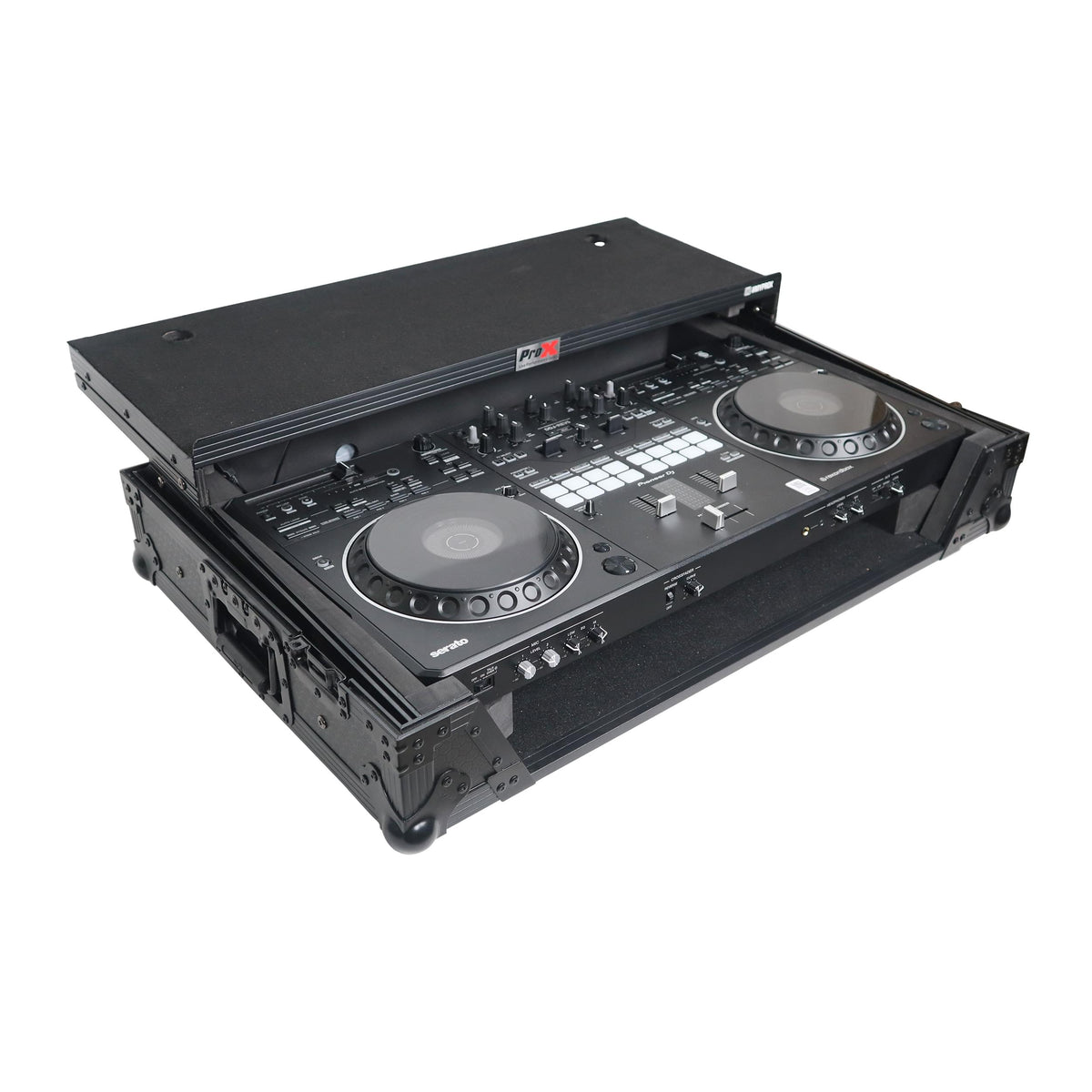 ProX XS-DDJREV5WLTBLLED - ATA Flight Style Road Case For Pioneer DDJ-REV5 DJ Controller with Laptop Shelf 1U Rack Space Wheels and LED Black Finish.