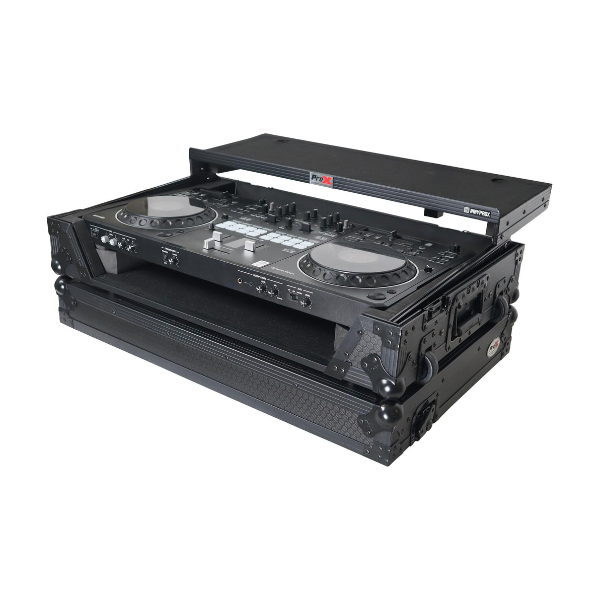 ProX XS-DDJREV5WLTBLLED - ATA Flight Style Road Case For Pioneer DDJ-REV5 DJ Controller with Laptop Shelf 1U Rack Space Wheels and LED Black Finish.