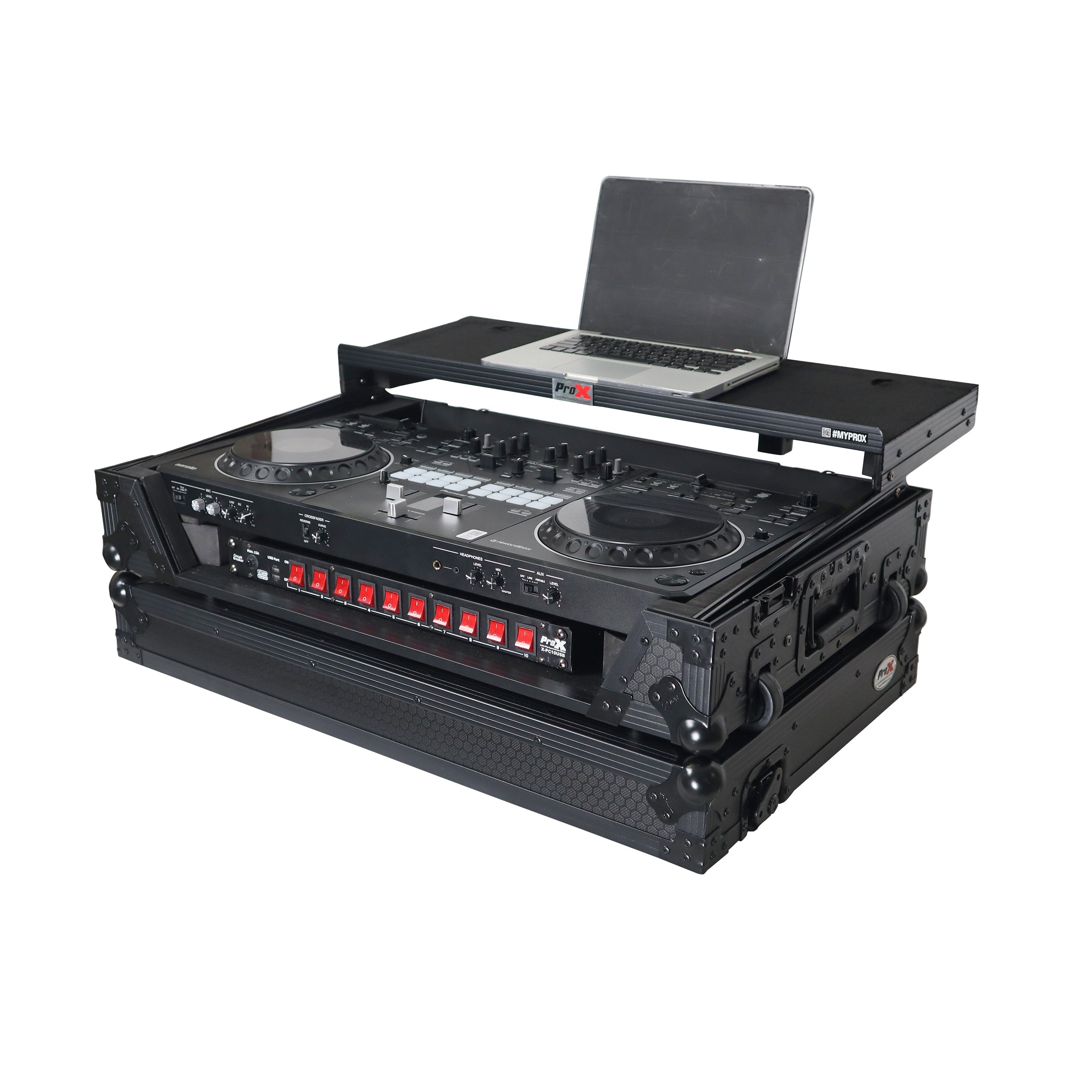 ProX XS-DDJREV5WLTBLLED - ATA Flight Style Road Case For Pioneer DDJ-REV5 DJ Controller with Laptop Shelf 1U Rack Space Wheels and LED Black Finish
