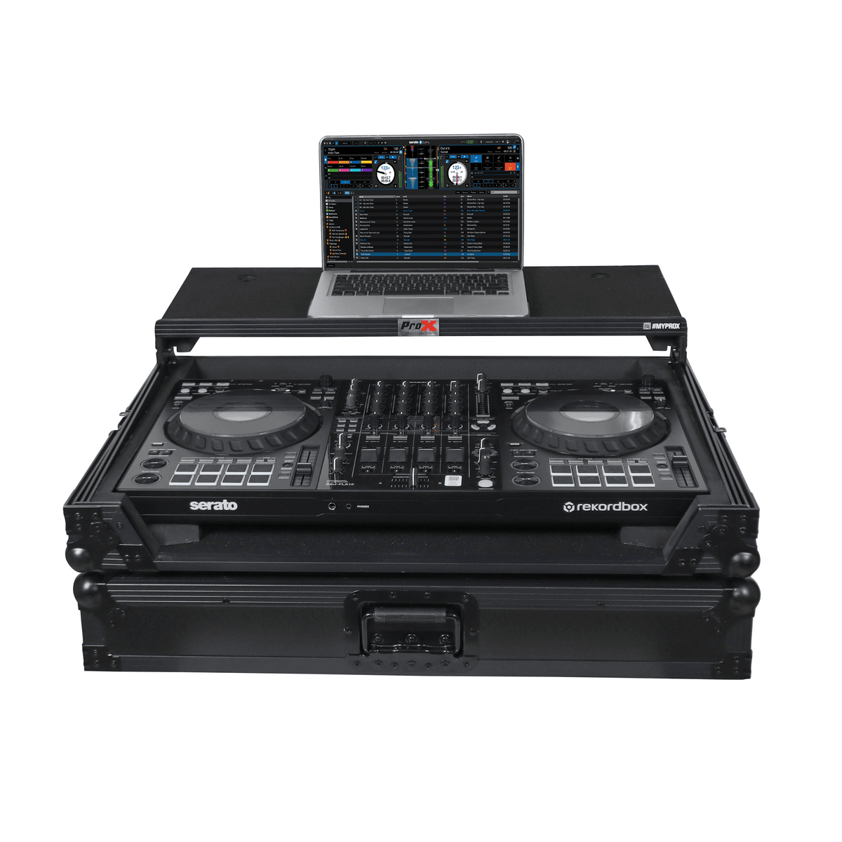 ProX XS-FLX10LTBL - Pioneer DDJ-FLX10 or DDJ-GRV6 with Sliding Laptop Shelf ATA Flight Style Road Case Black Finish Slim Case.