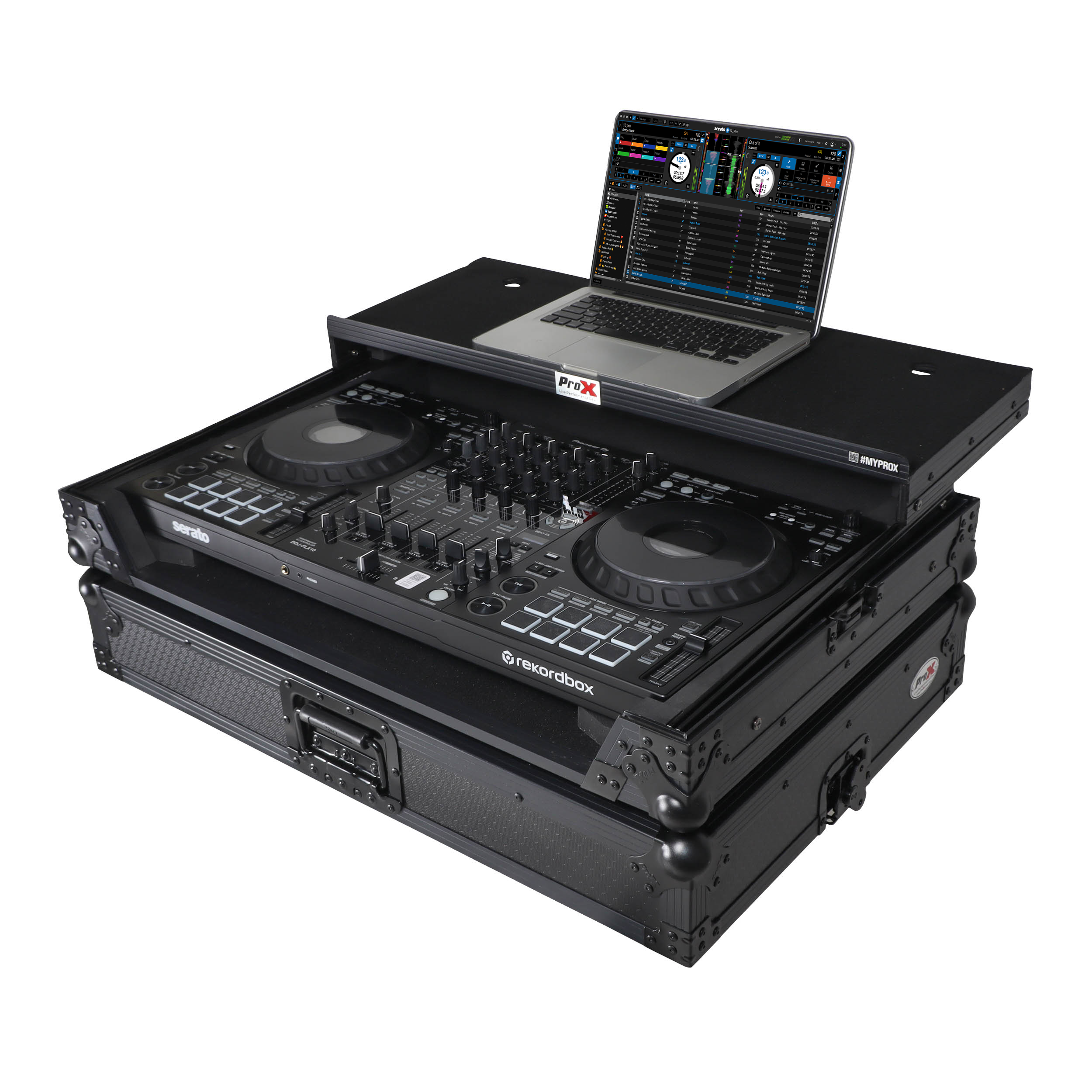 ProX XS-FLX10LTBL - Pioneer DDJ-FLX10 or DDJ-GRV6 with Sliding Laptop Shelf ATA Flight Style Road Case Black Finish Slim Case